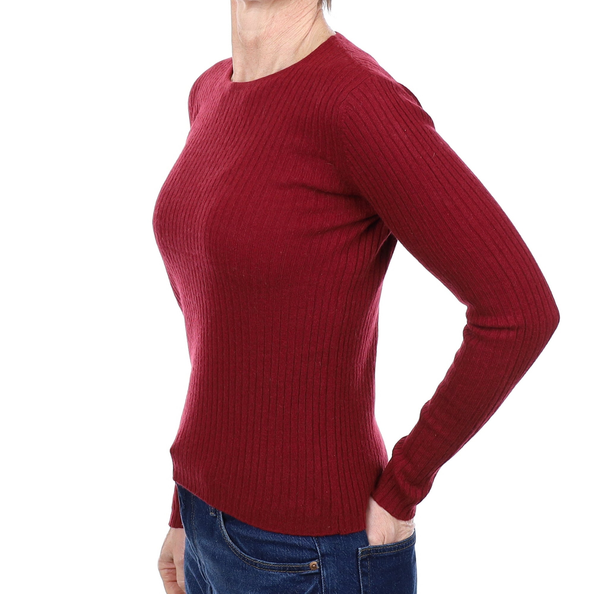 Burgundy Red Ribbed Cashmere Crew Neck Jumper Small