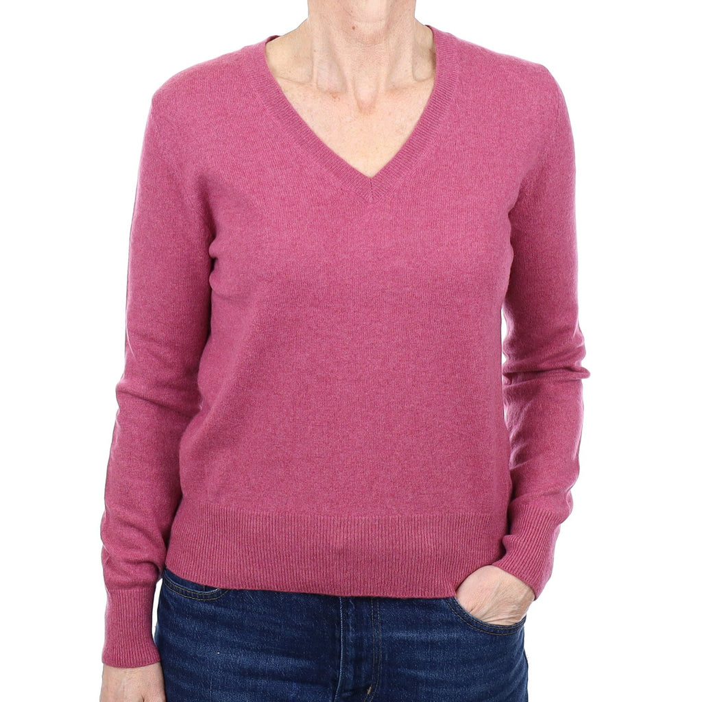 Heather Pink Cashmere V Neck Jumper Small