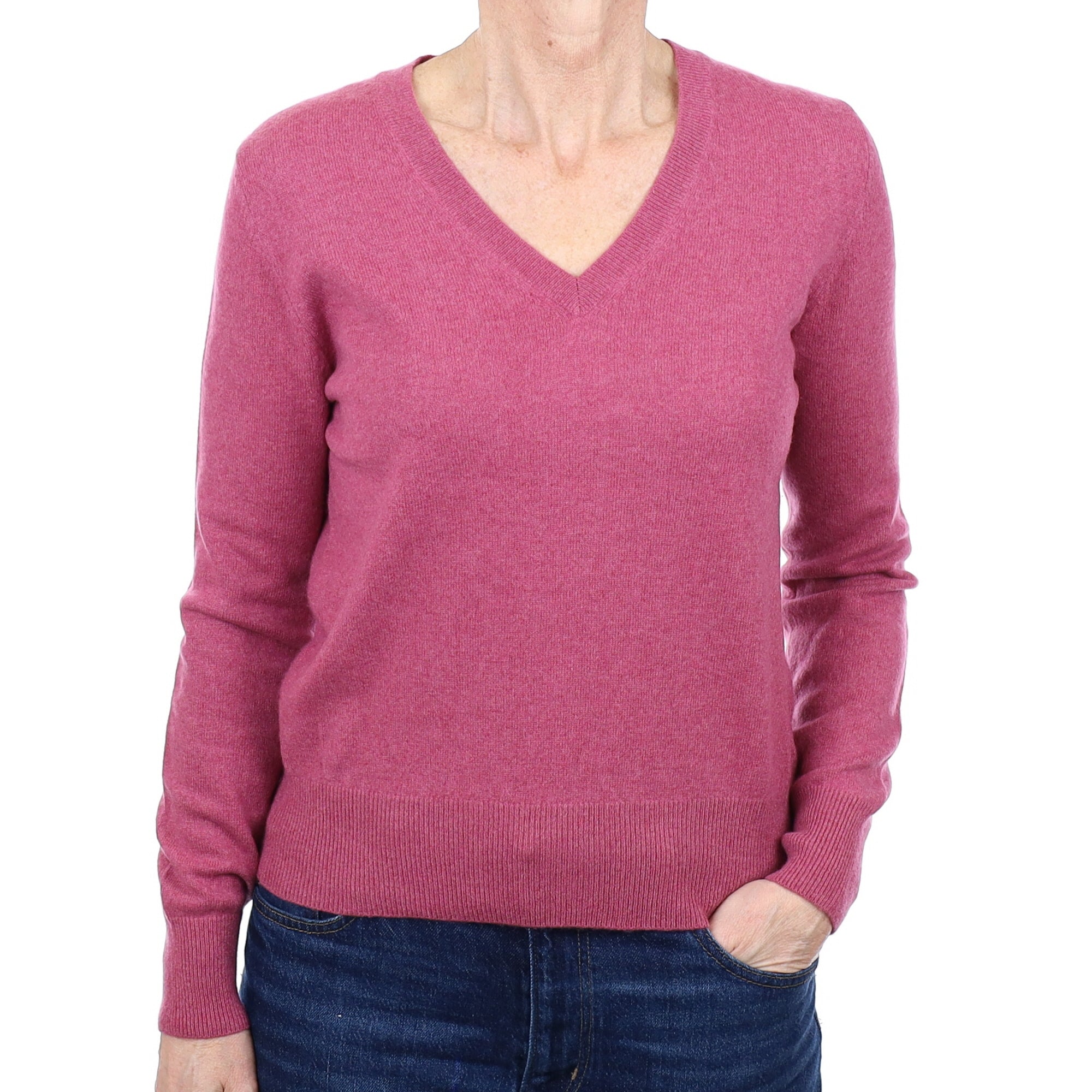 Heather Pink Cashmere V Neck Jumper Small