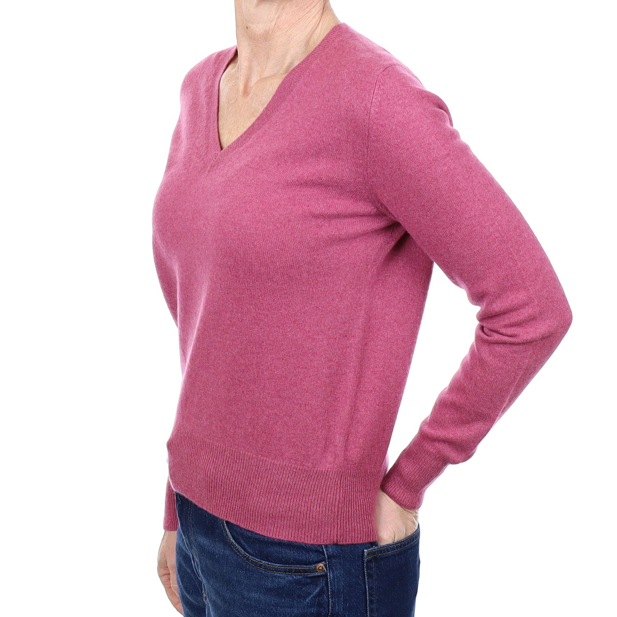 Heather Pink Cashmere V Neck Jumper Small