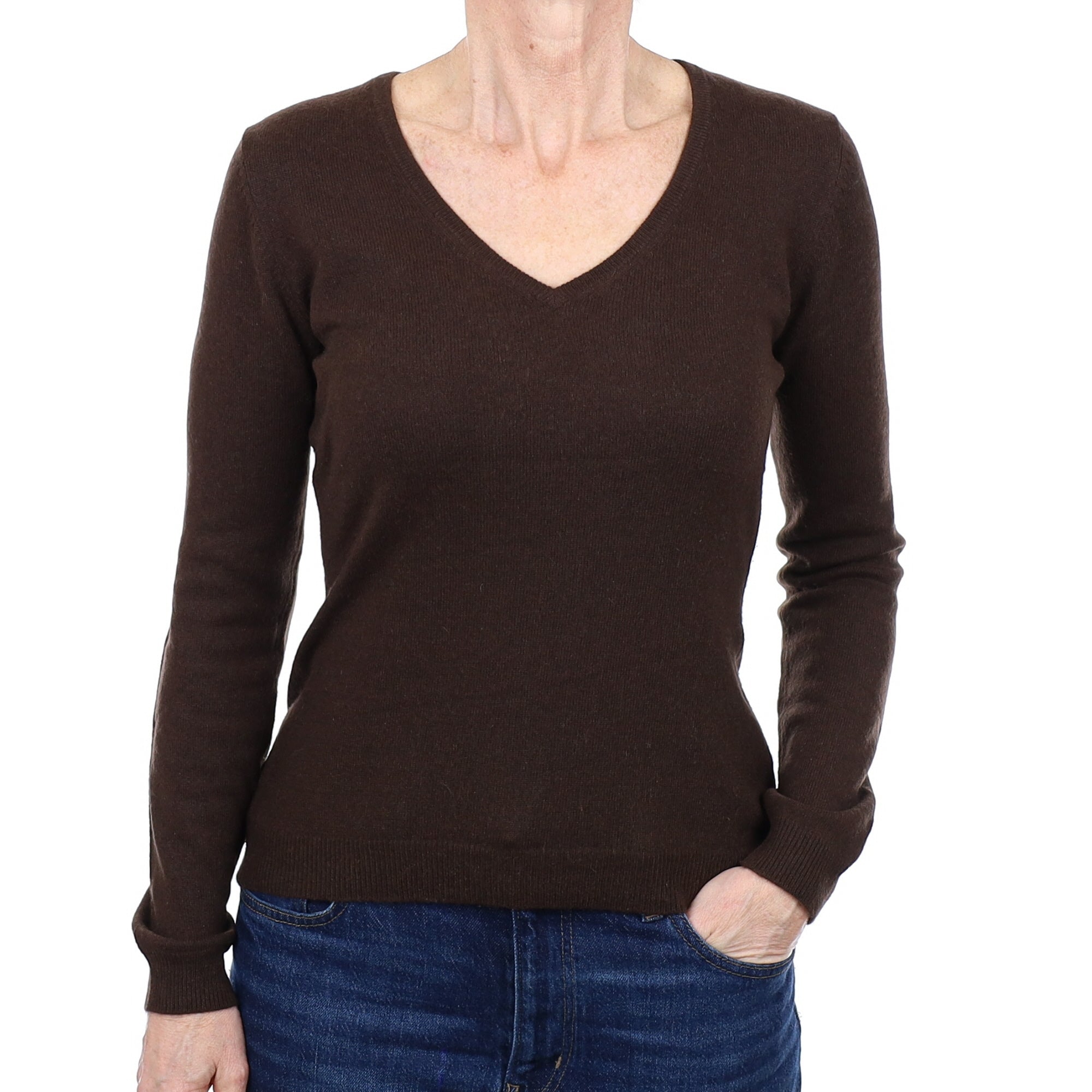 Chocolate Brown Cashmere V Neck Jumper Small