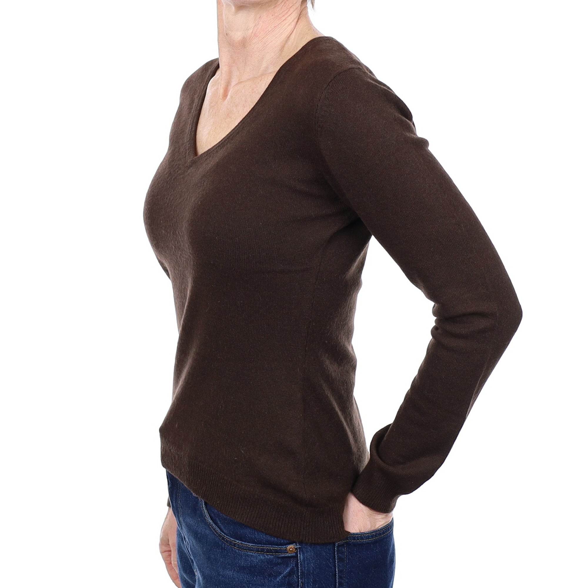 Chocolate Brown Cashmere V Neck Jumper Small