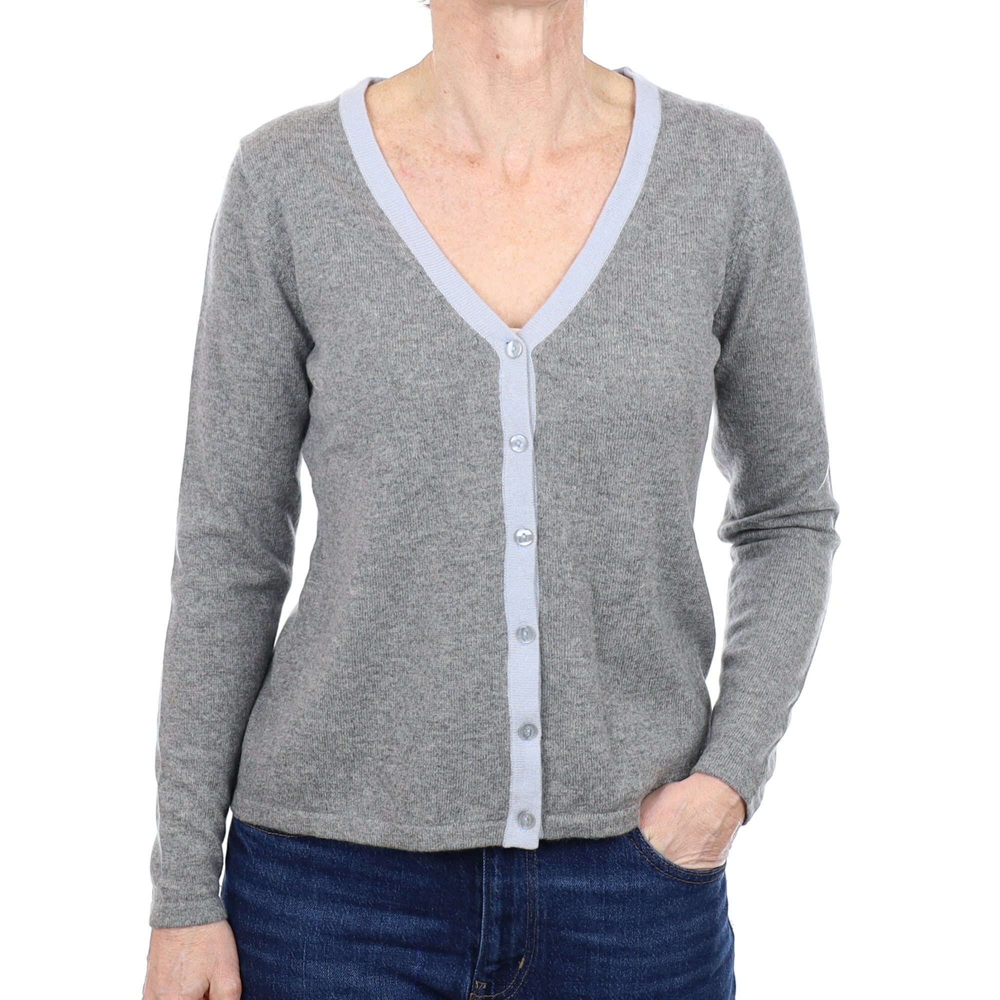Ash Grey Blue Trim Cashmere V Neck Cardigan Small