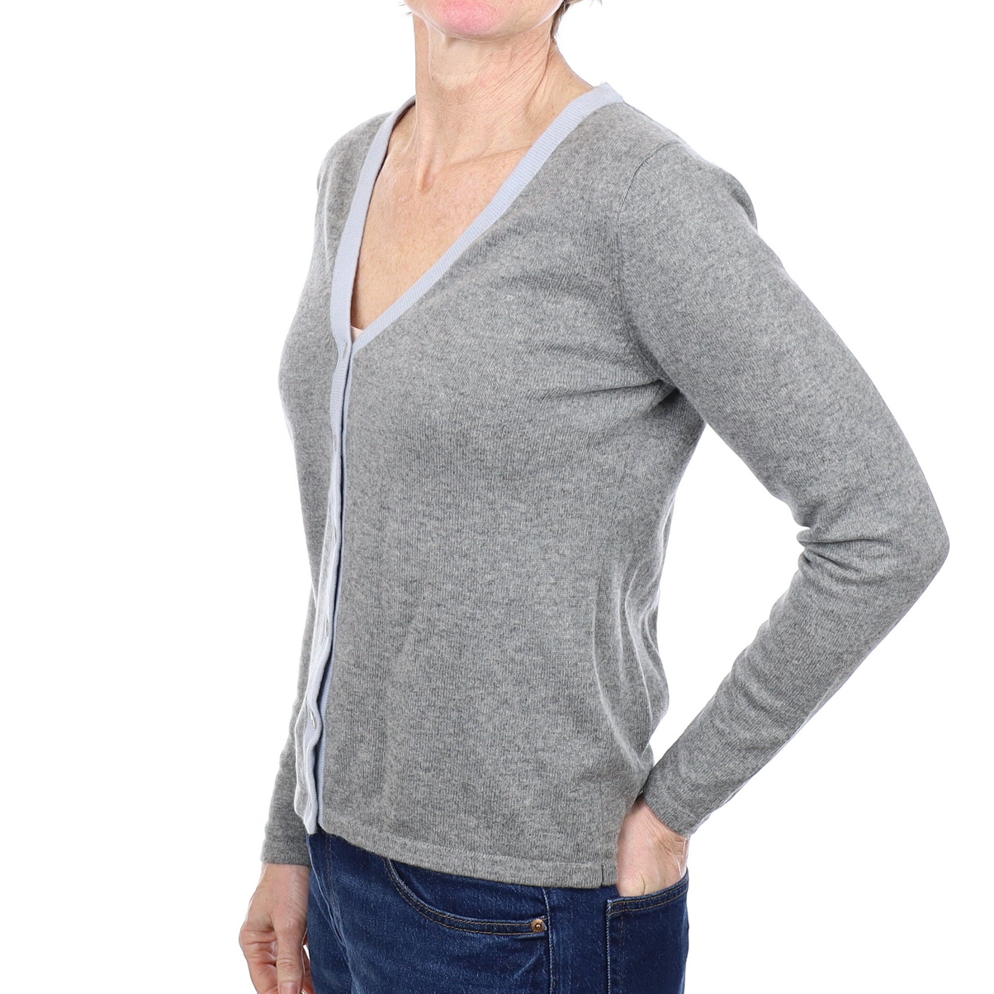 Ash Grey Blue Trim Cashmere V Neck Cardigan Small