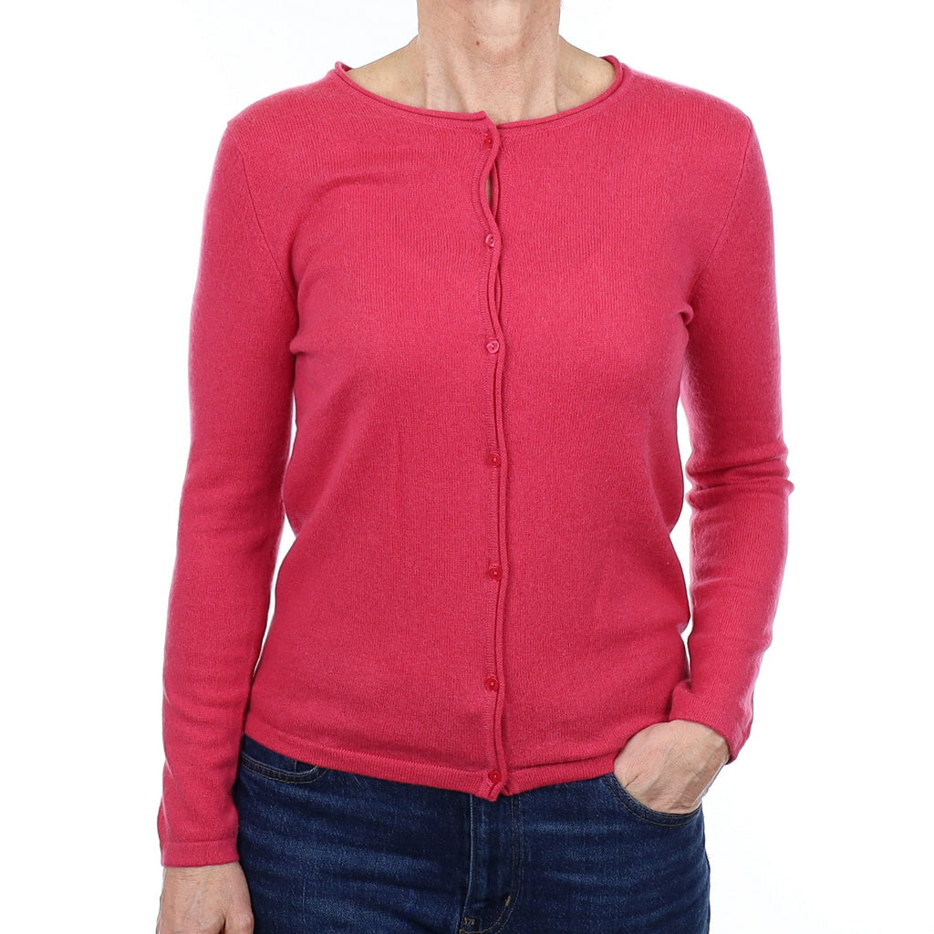 Raspberry Pink Cashmere Crew Neck Cardigan Small