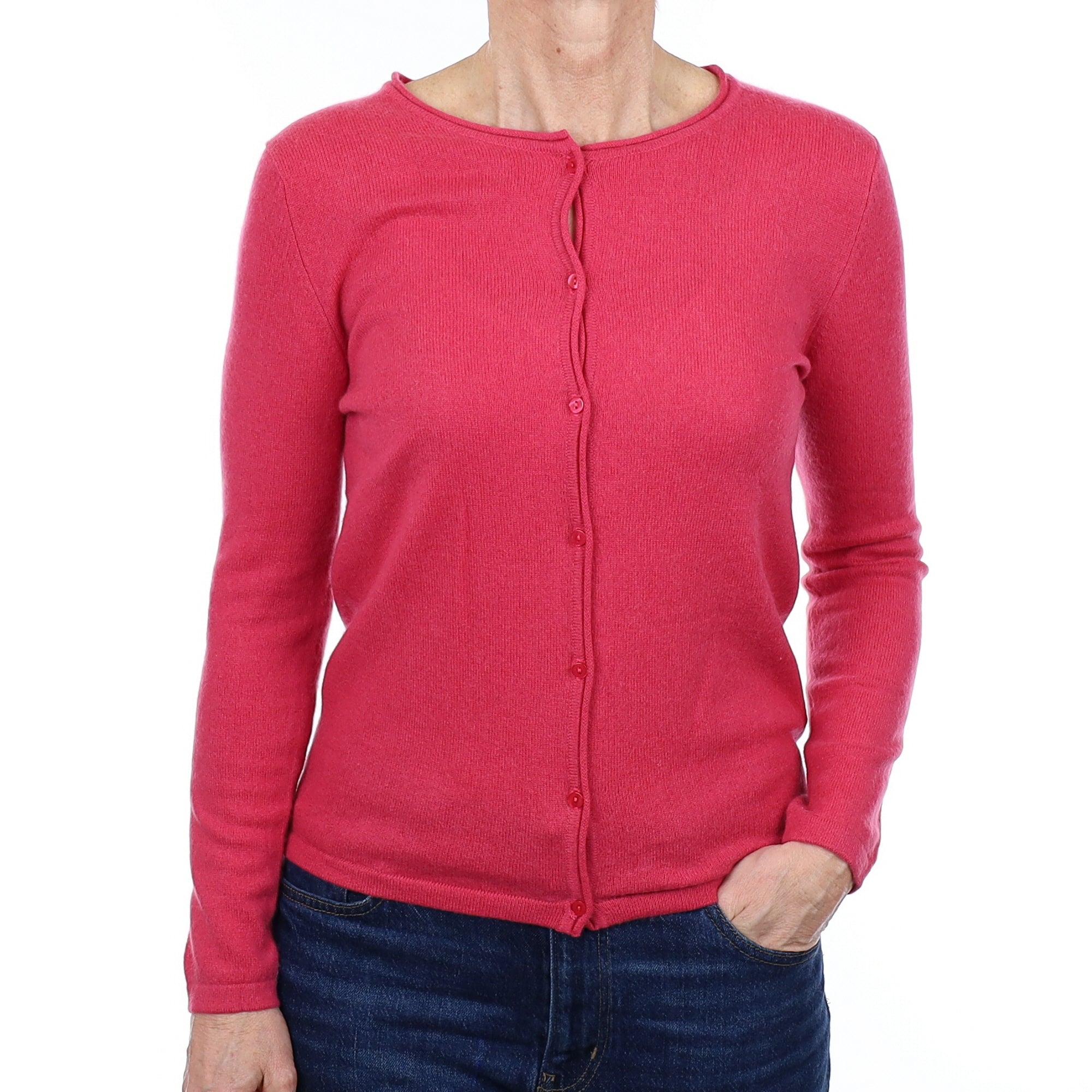 Raspberry Pink Cashmere Crew Neck Cardigan Small