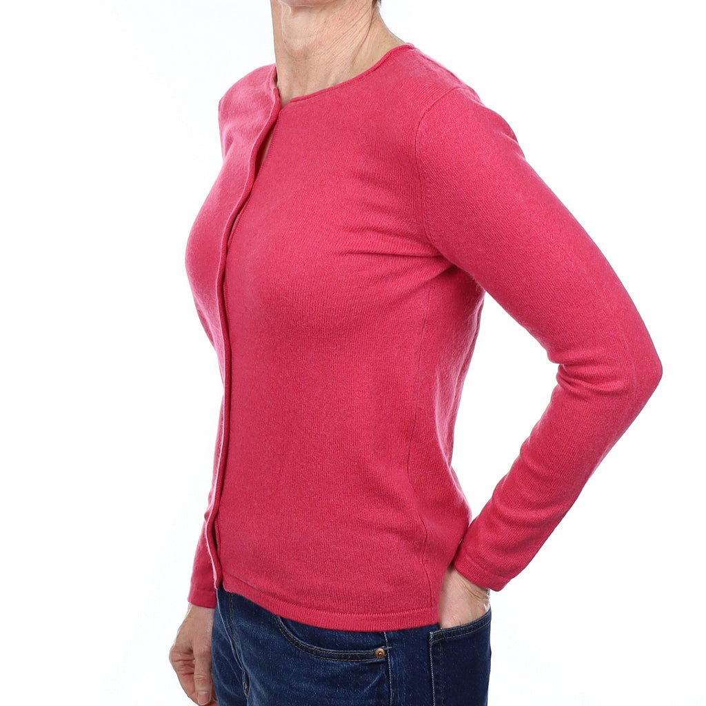 Raspberry Pink Cashmere Crew Neck Cardigan Small