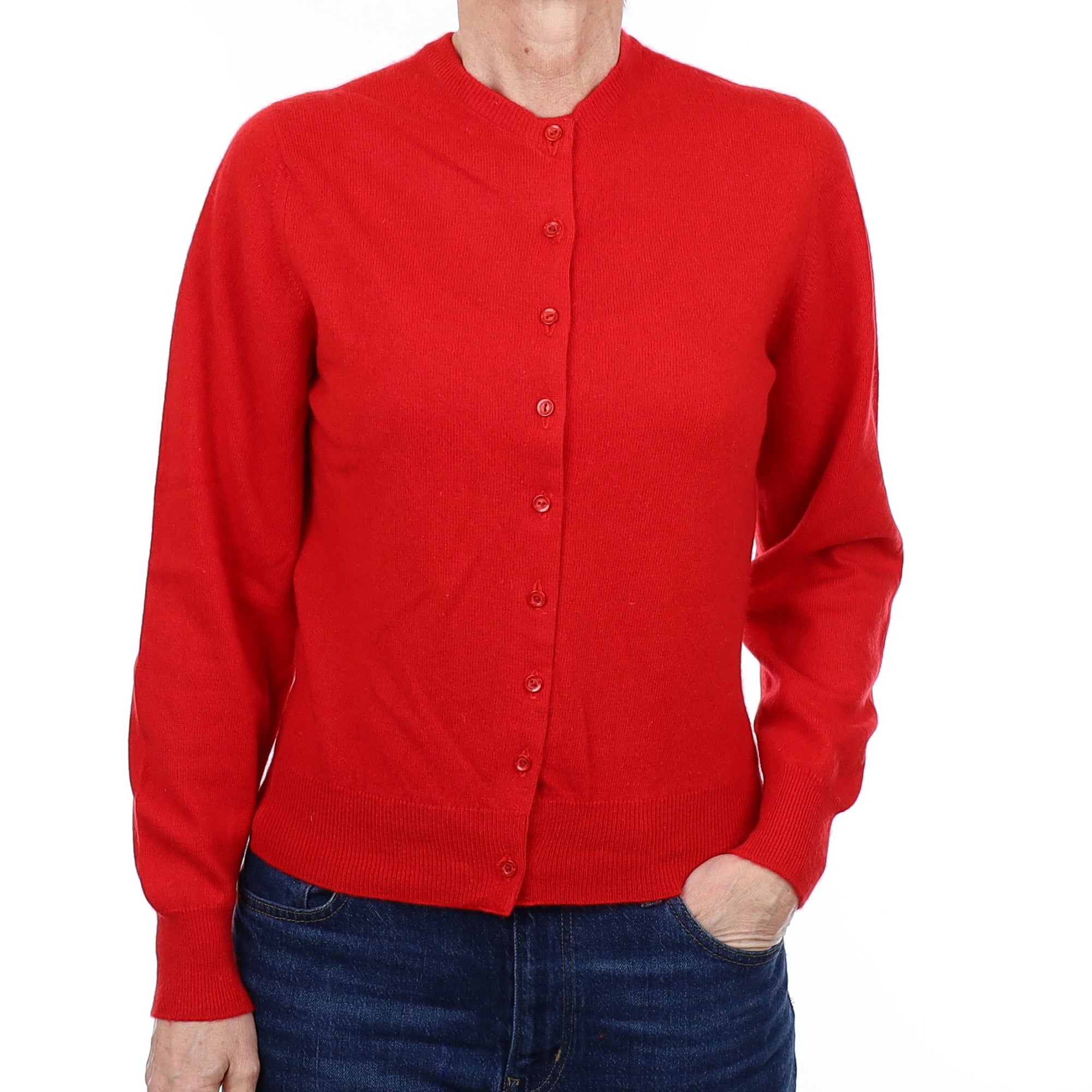 Scottish Scarlet Red Cashmere Crew Neck Cardigan Small