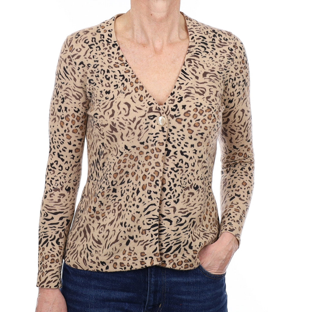 Animal Print Cashmere V Neck Cardigan Small