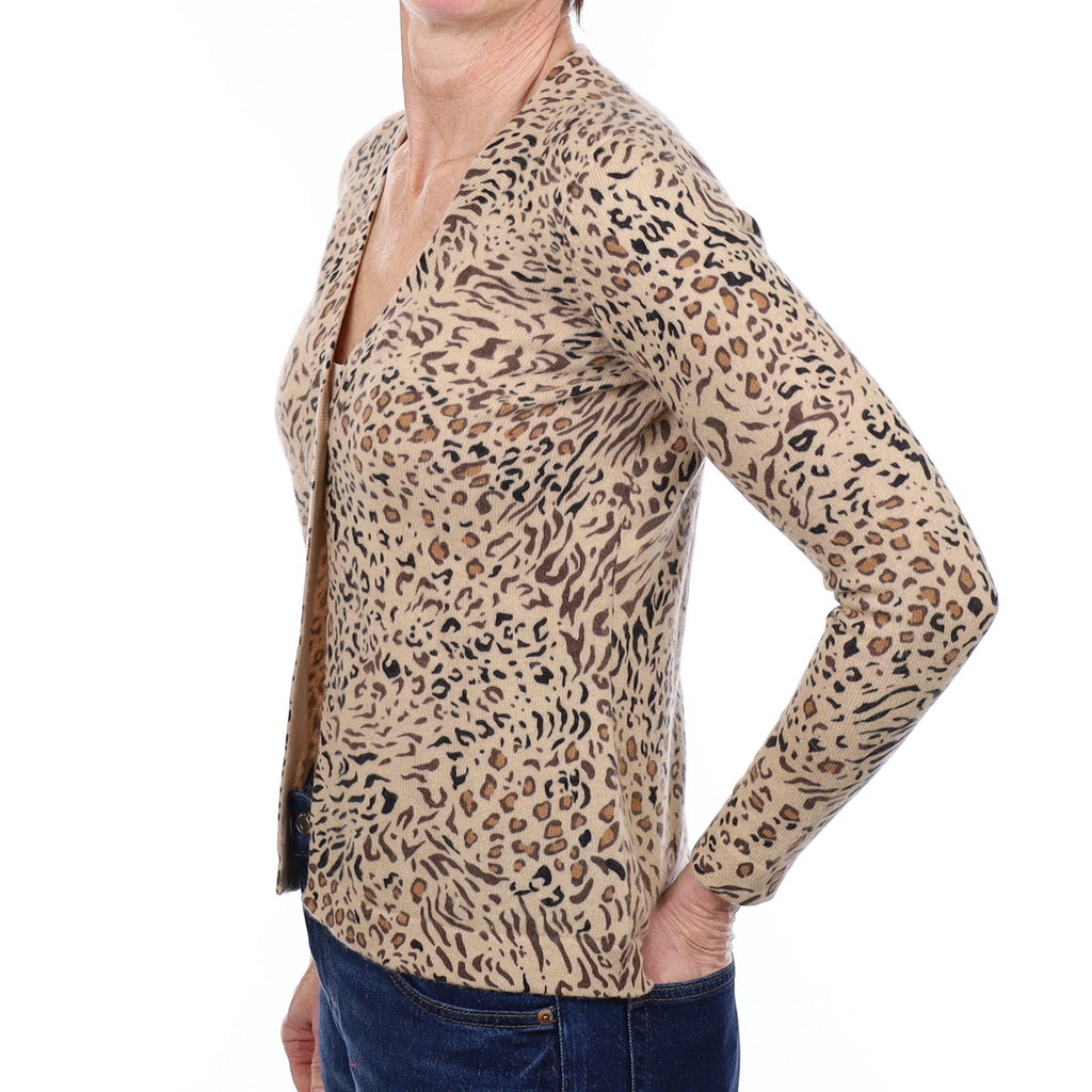 Animal Print Cashmere V Neck Cardigan Small
