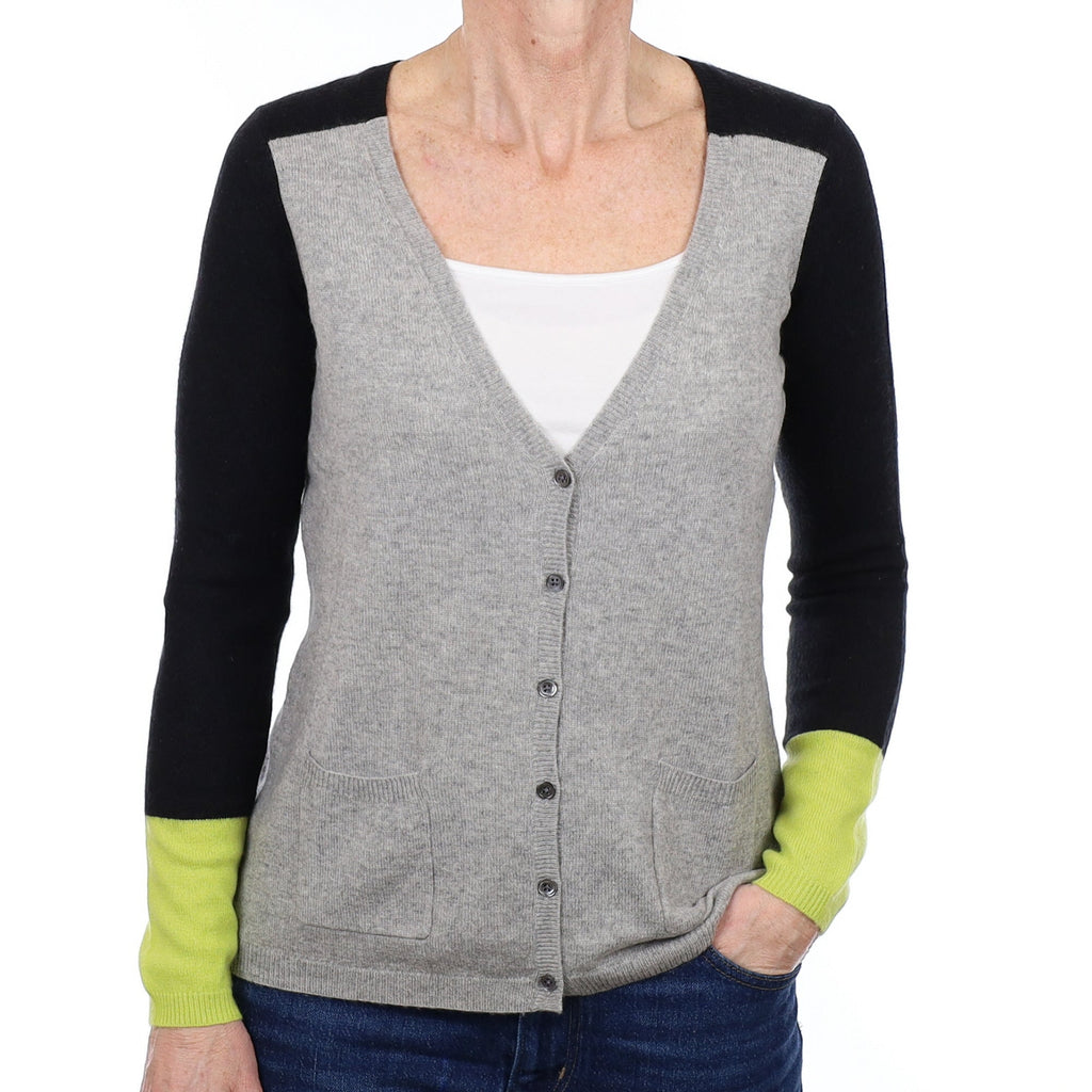 Grey Colour Block Cashmere V Neck Cardigan Small