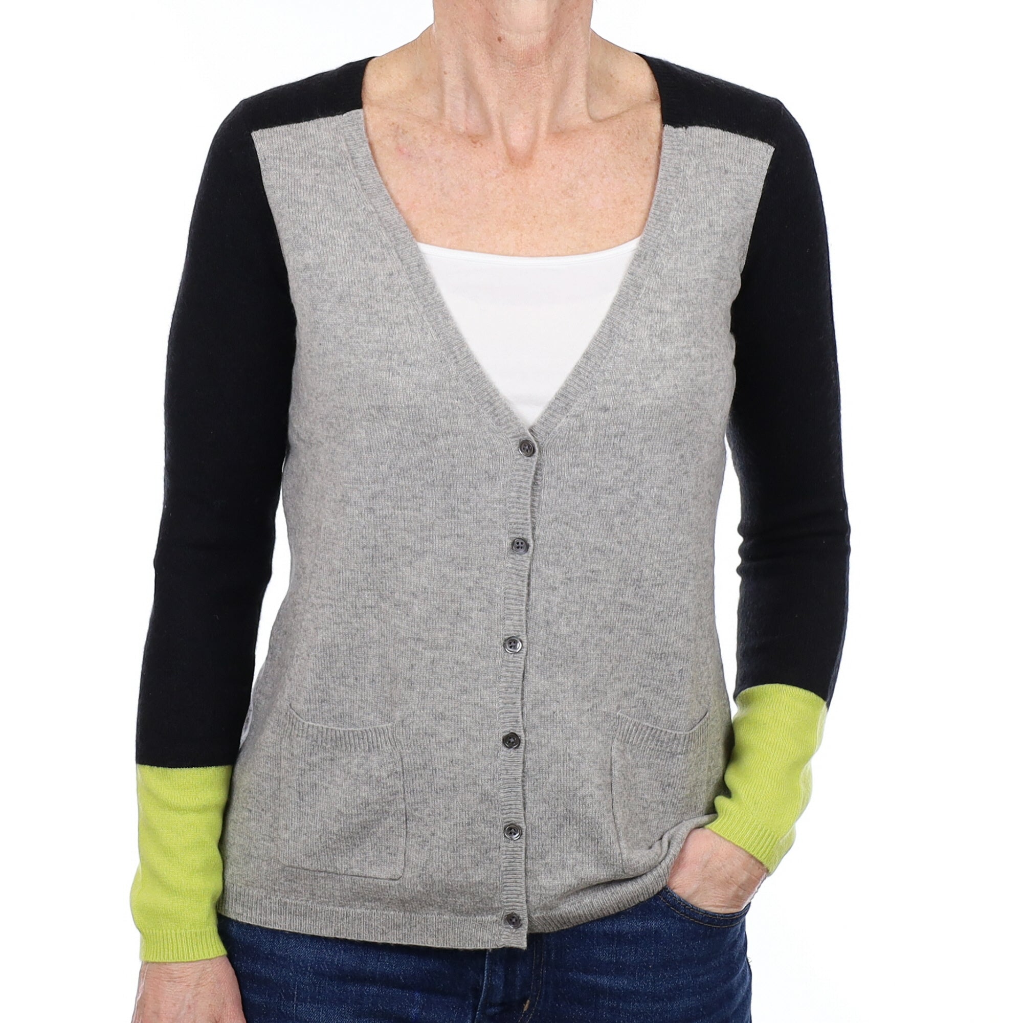 Grey Colour Block Cashmere V Neck Cardigan Small