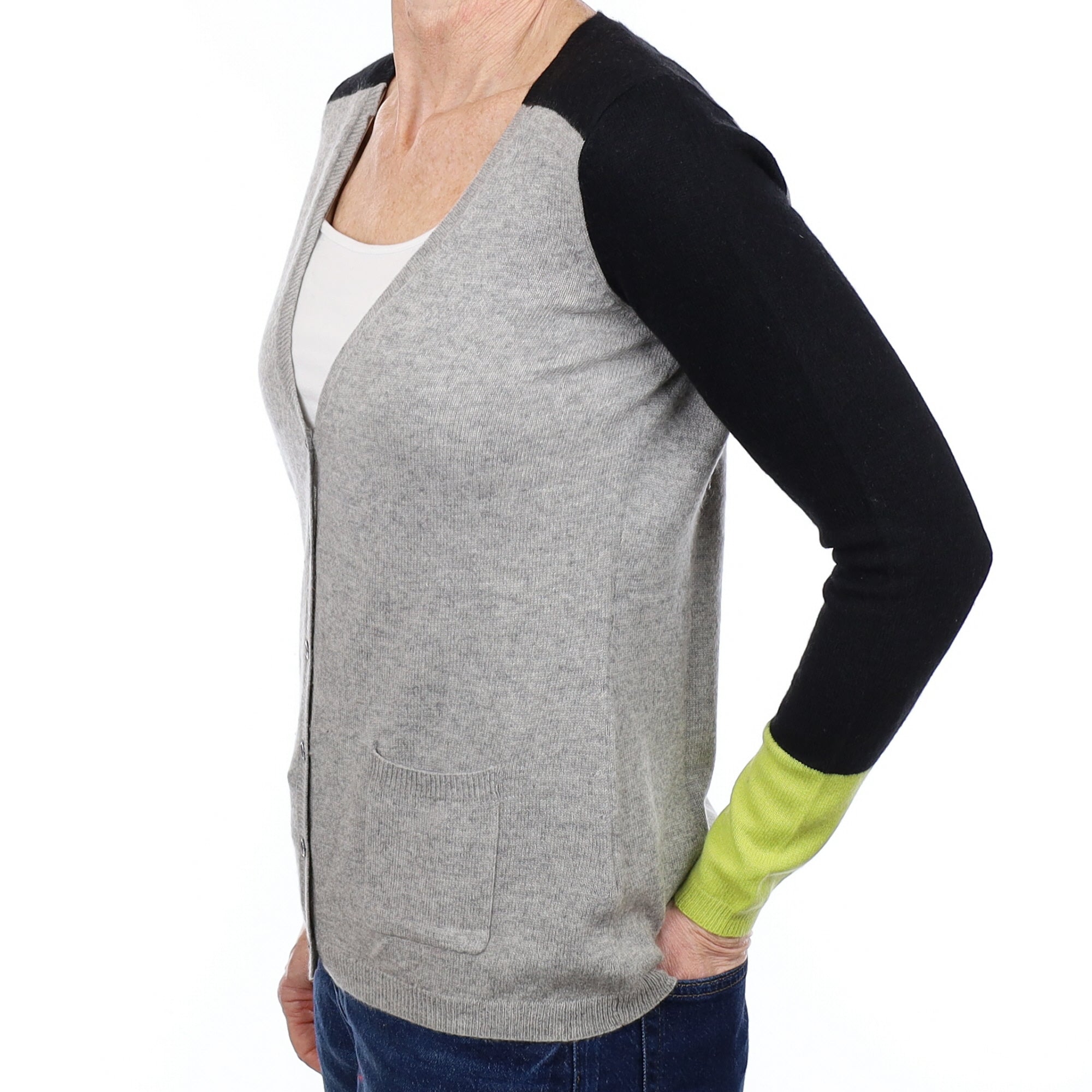 Grey Colour Block Cashmere V Neck Cardigan Small
