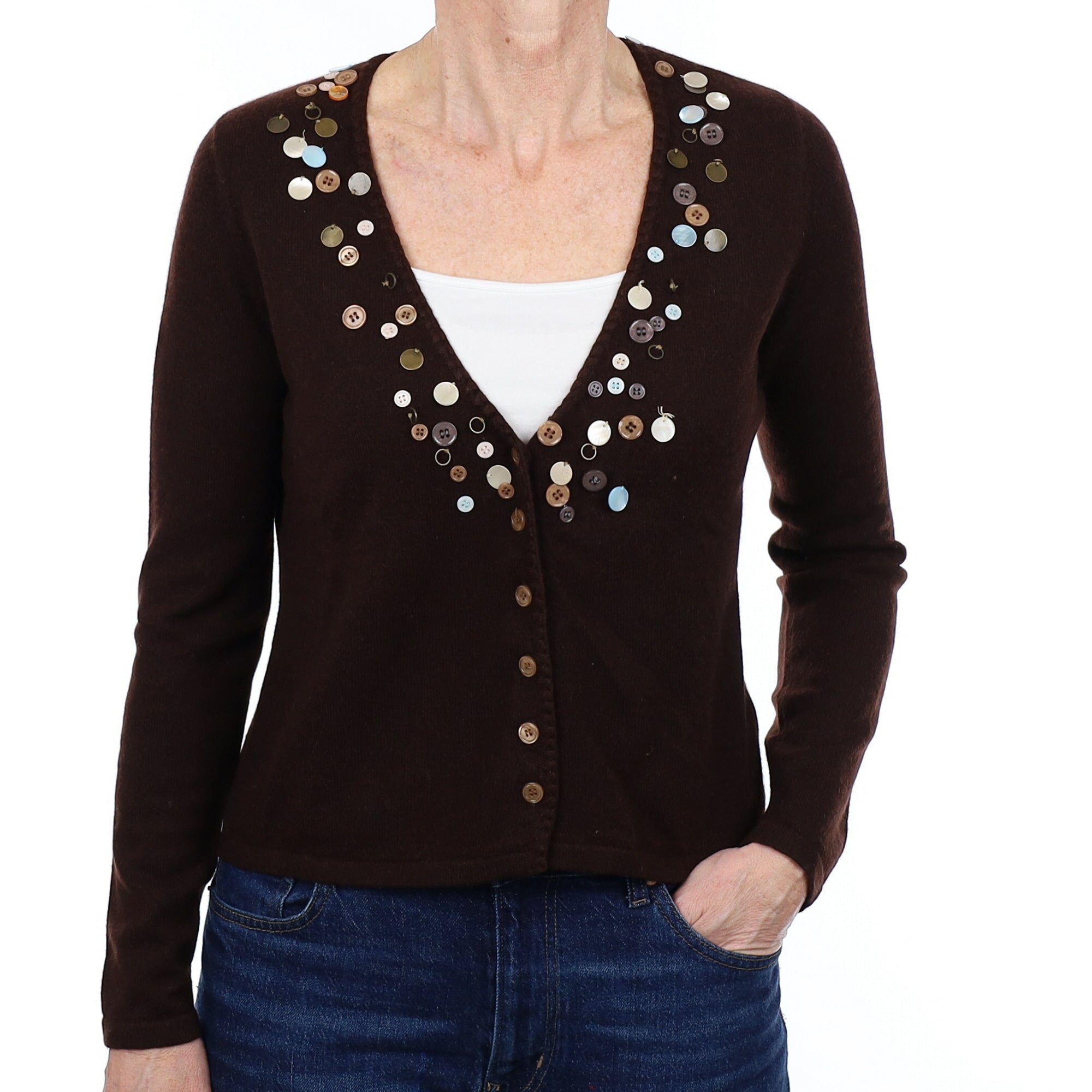 Chocolate Brown Button Detail Cashmere V Neck Cardigan Small