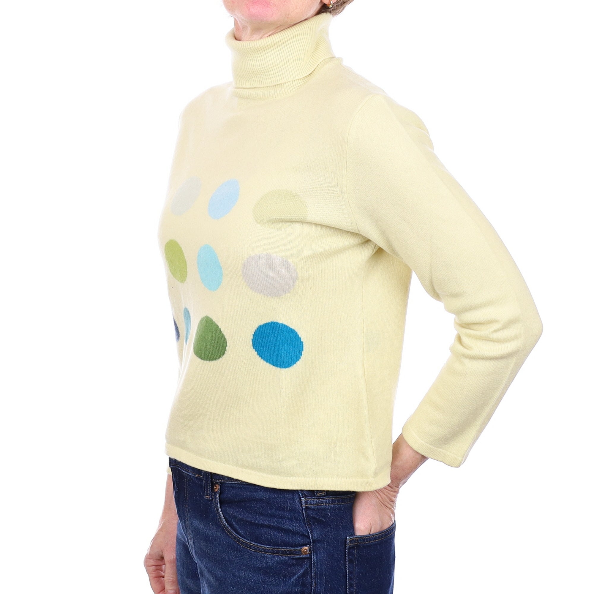 Yellow and Polka Dots Cashmere Polo Neck Jumper Small