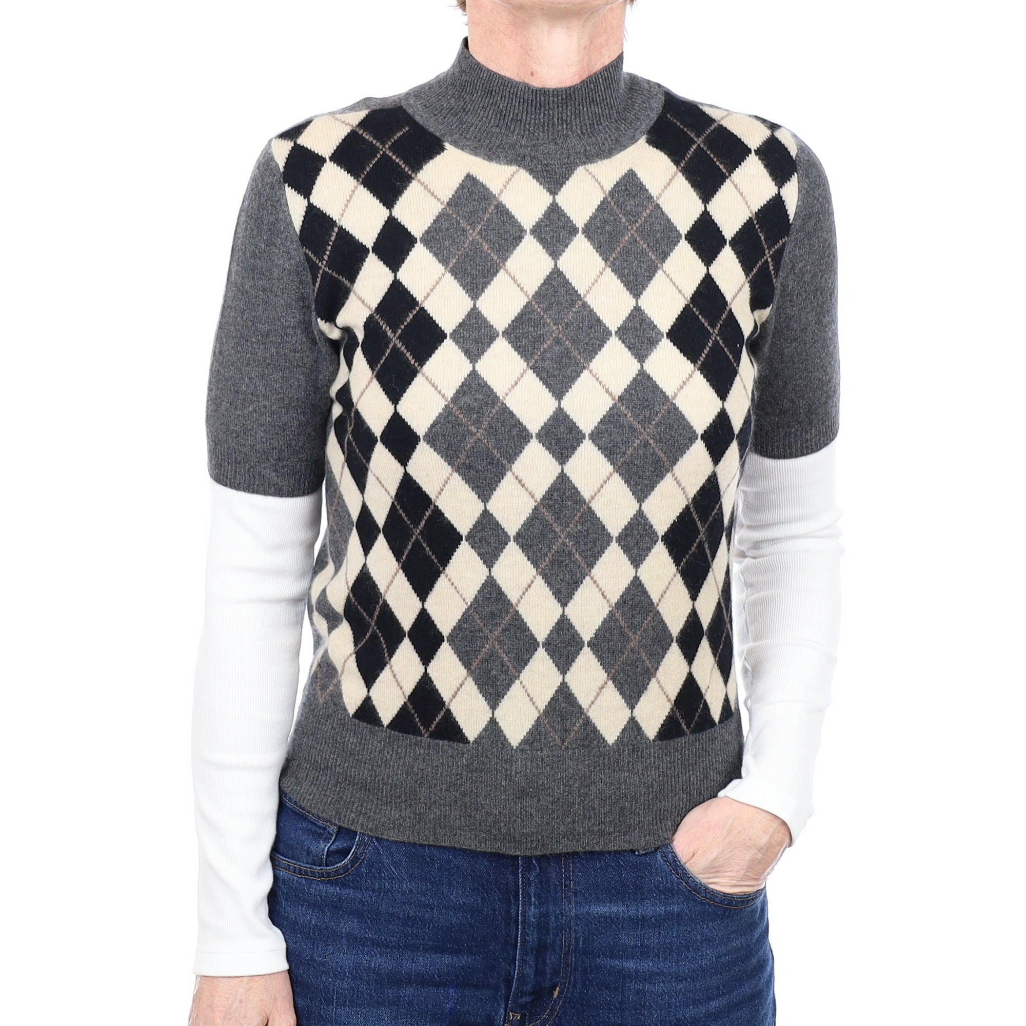 Grey Diamond Pattern Cashmere Short Sleeved Turtle Neck Small