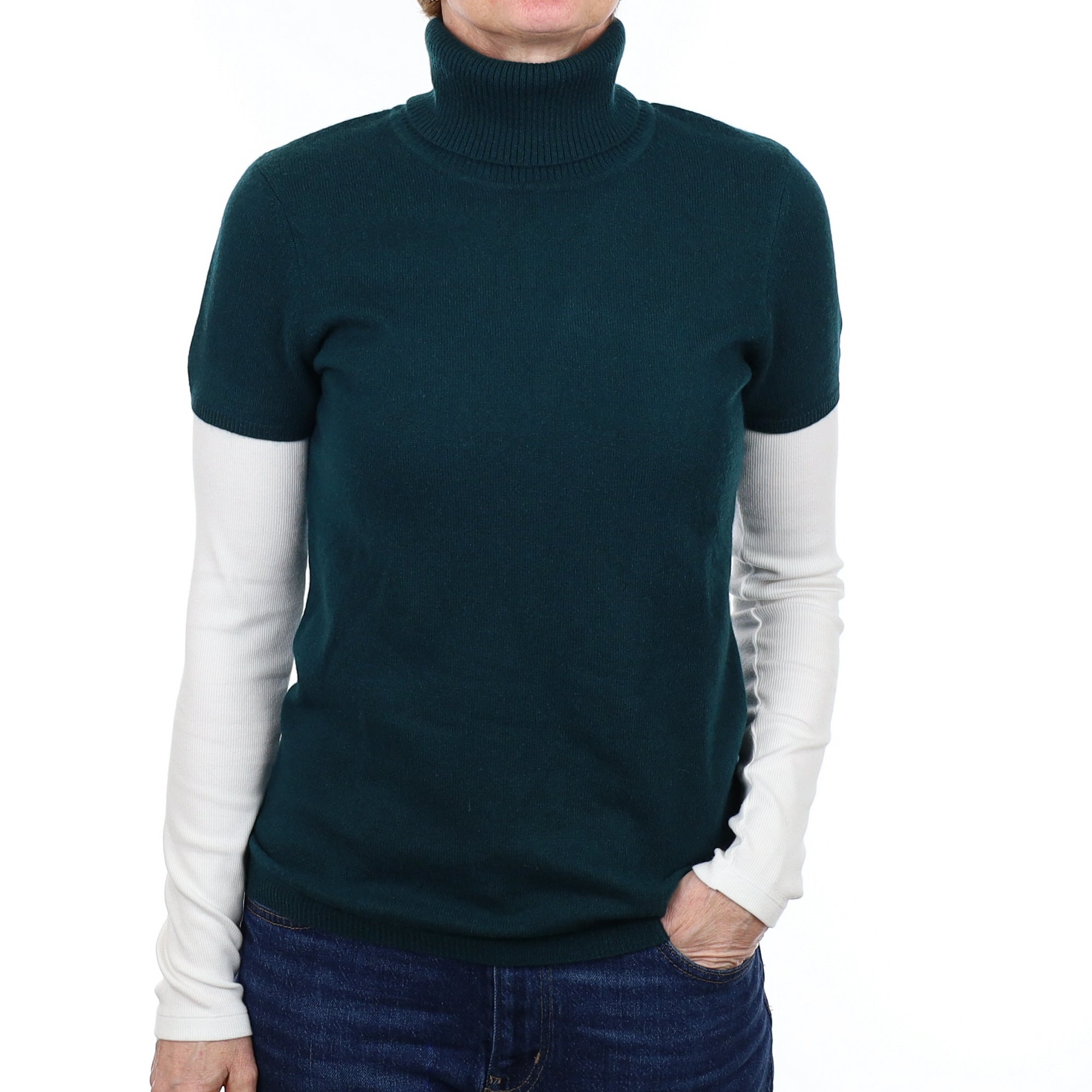 Forest Green Cashmere Polo Neck Short Sleeved Jumper Small