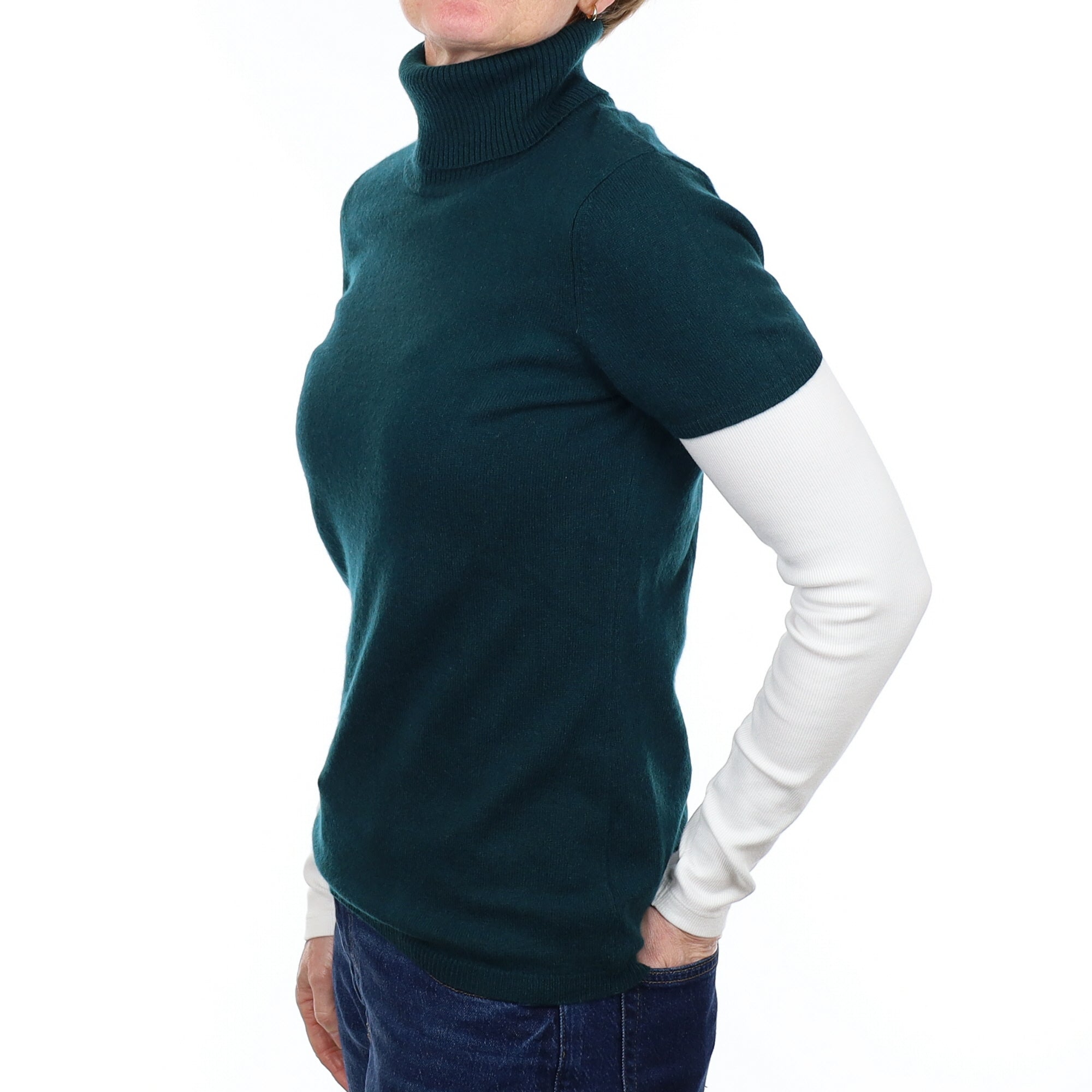 Forest Green Cashmere Polo Neck Short Sleeved Jumper Small