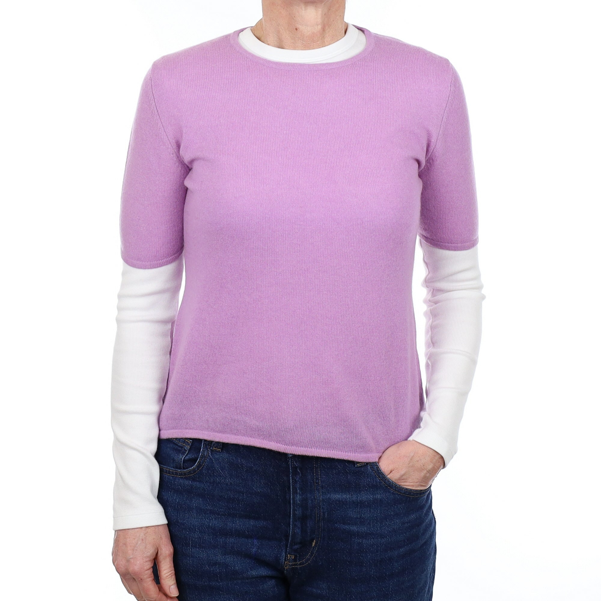 Lilac Purple Short Sleeve Cashmere Crew Neck Jumper Small
