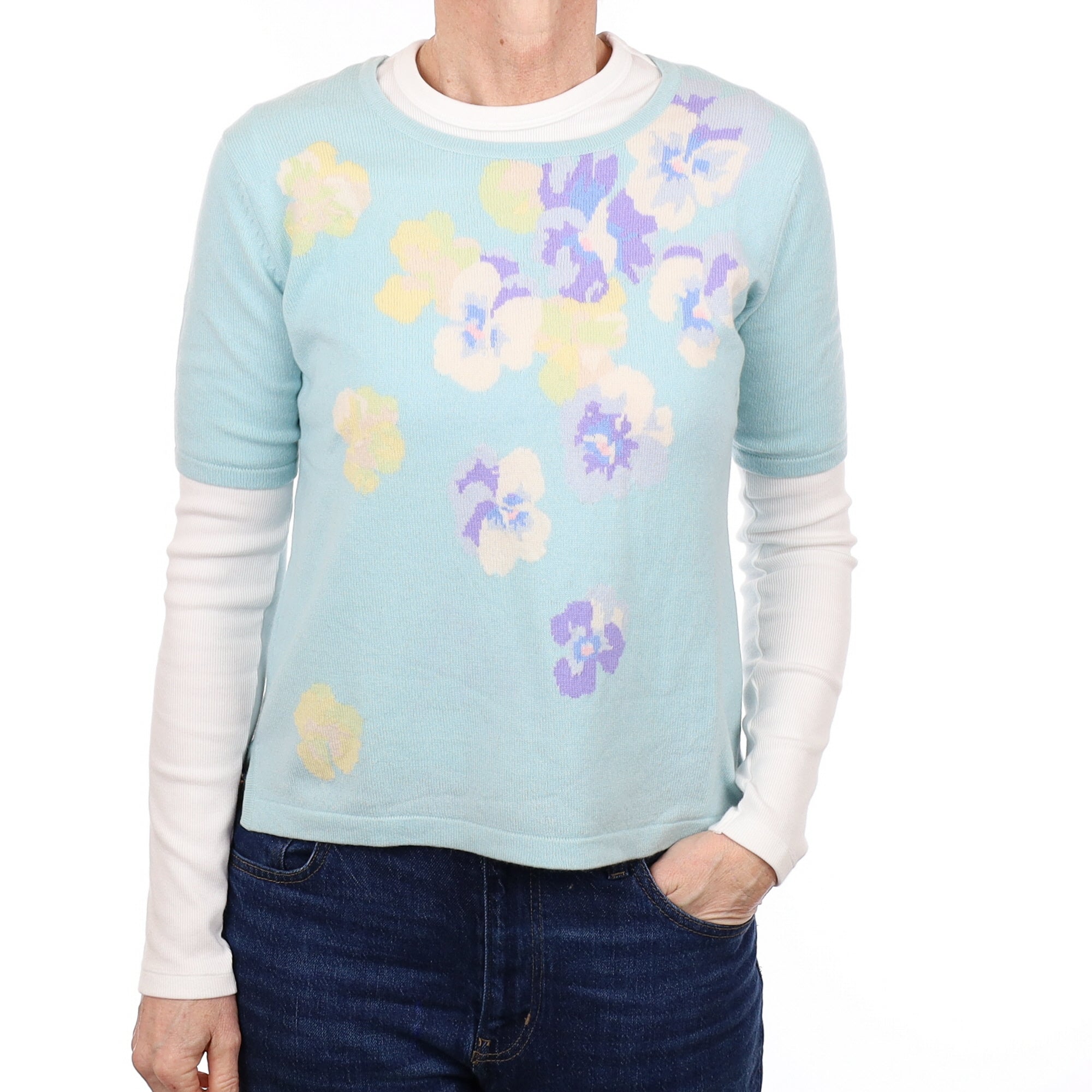 Mint Blue Floral Cashmere Crew Neck Short Sleeved Jumper Small