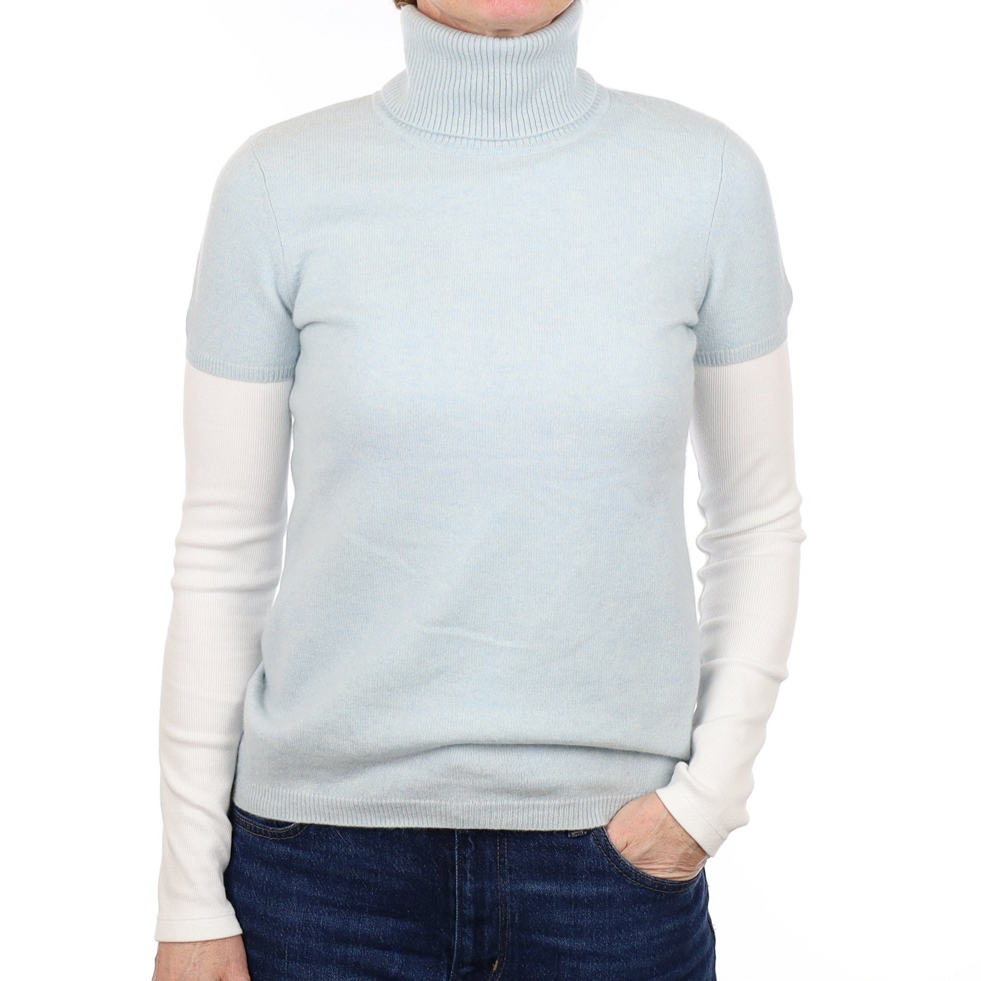 Opal Blue Cashmere Polo Neck Short Sleeved Jumper Small