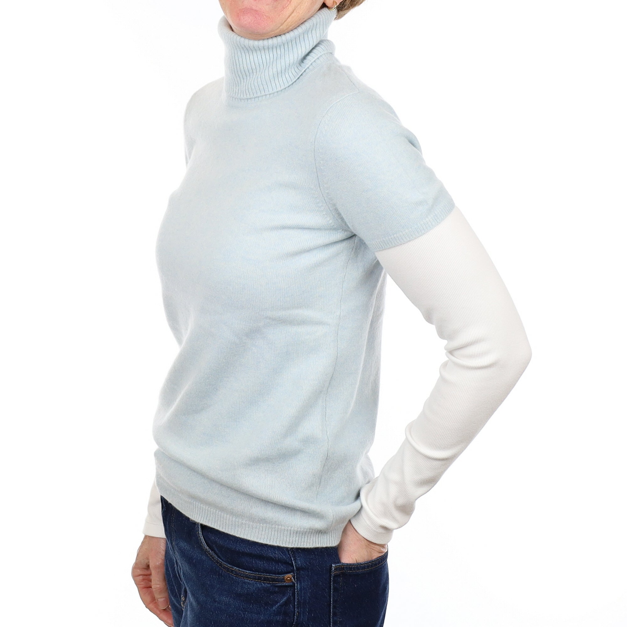 Opal Blue Cashmere Polo Neck Short Sleeved Jumper Small
