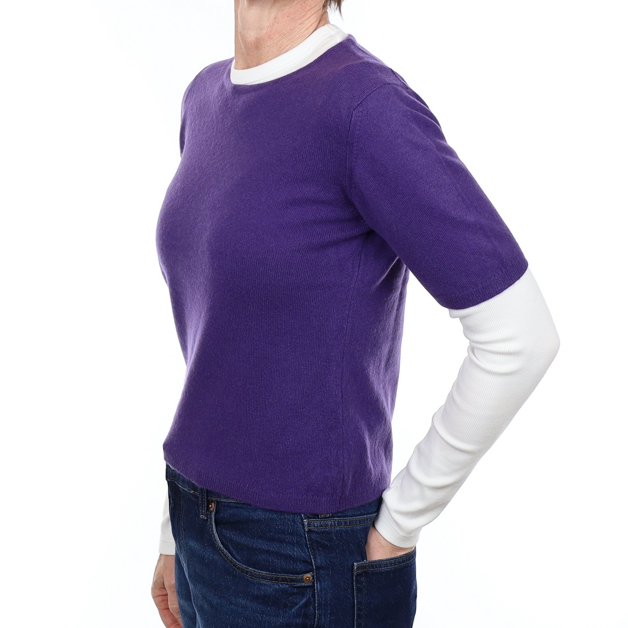 Pansy Purple Cashmere Crew Neck Short Sleeved  Jumper Small