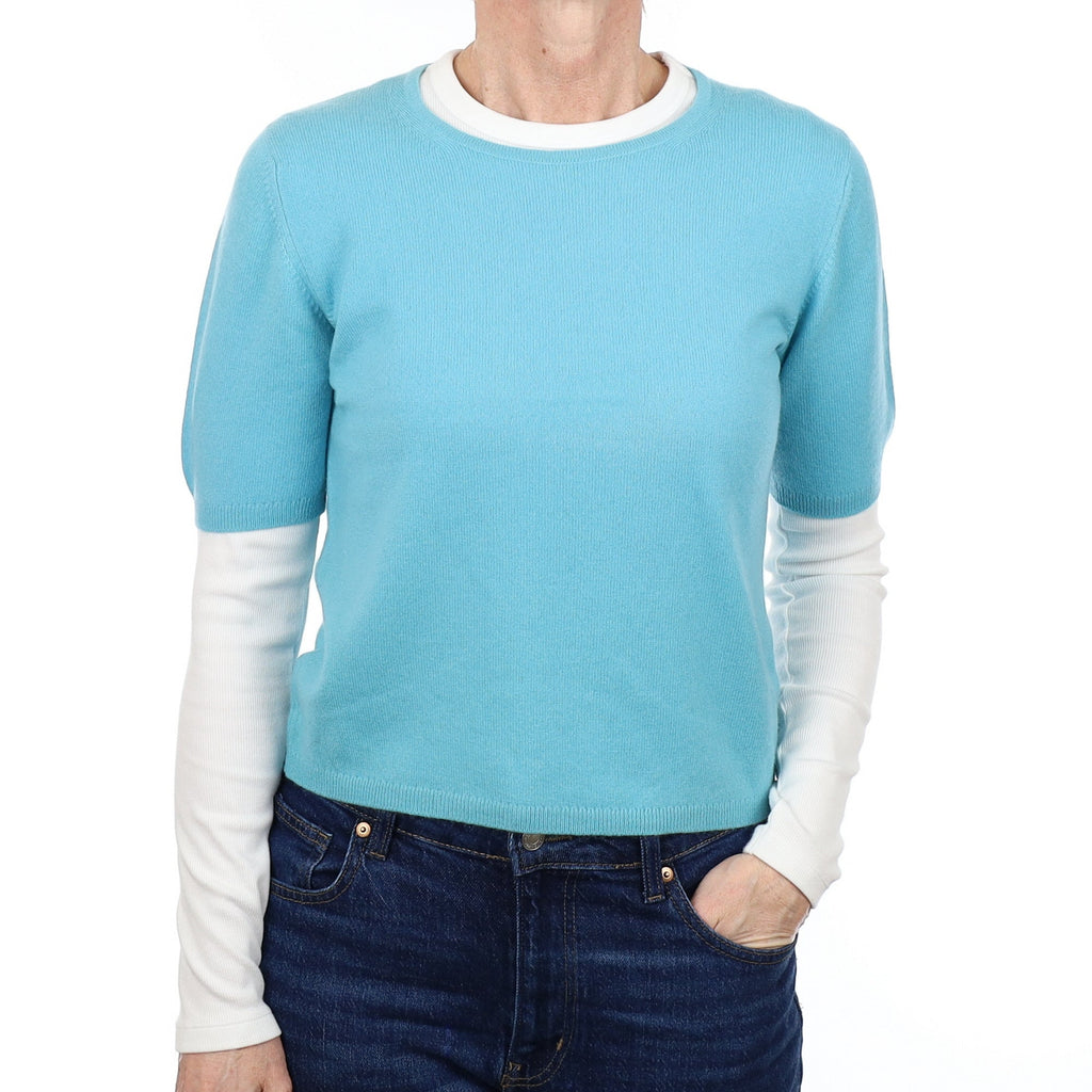 Aqua Blue Cashmere Crew Neck Short Sleeved Jumper Small