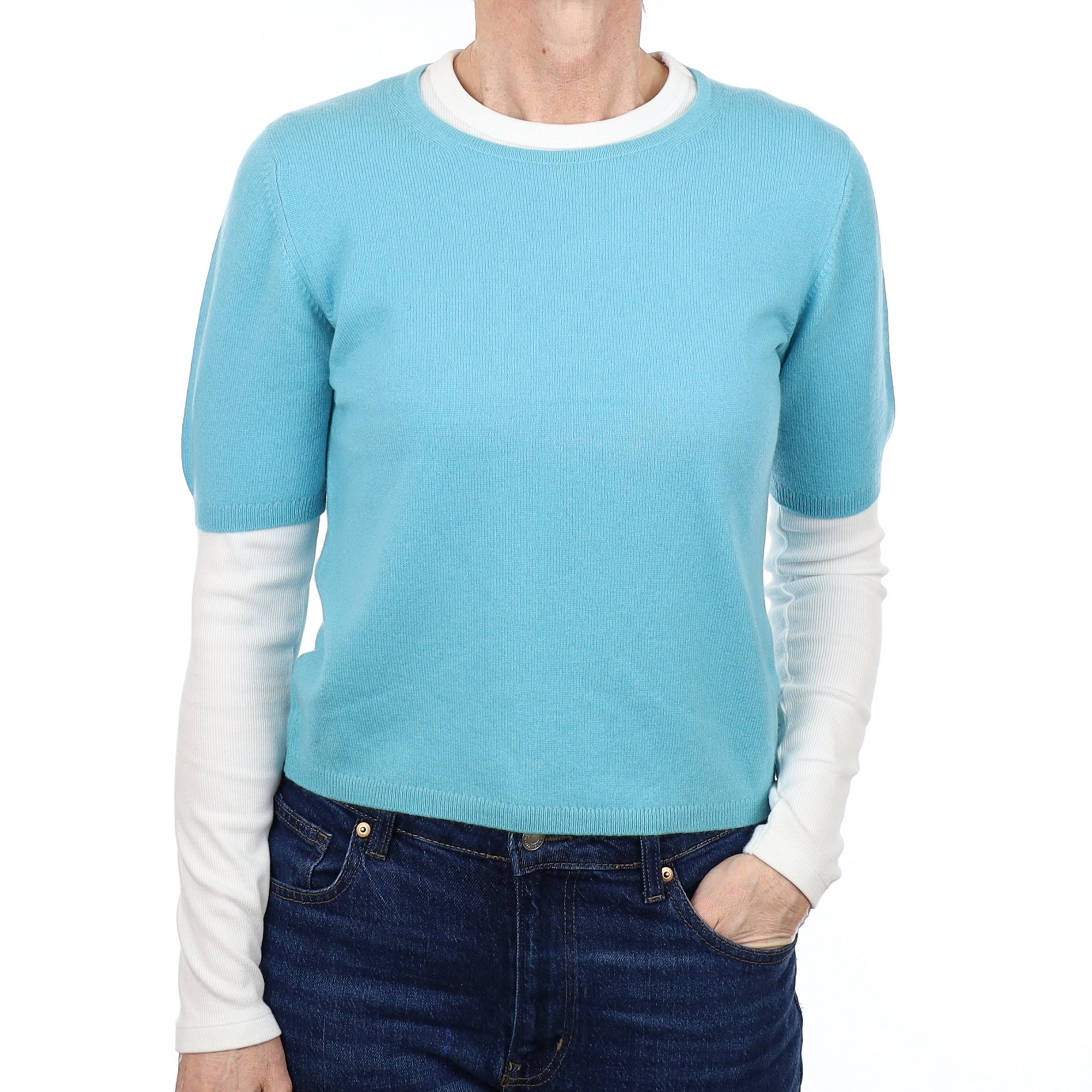 Aqua Blue Cashmere Crew Neck Short Sleeved Jumper Small