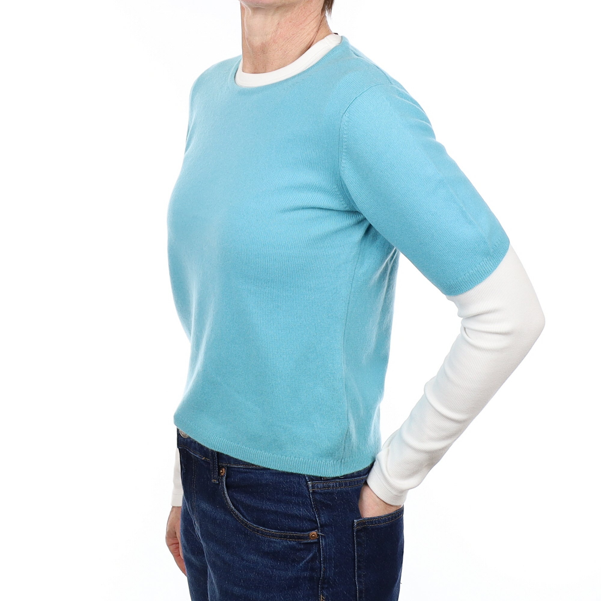 Aqua Blue Cashmere Crew Neck Short Sleeved Jumper Small