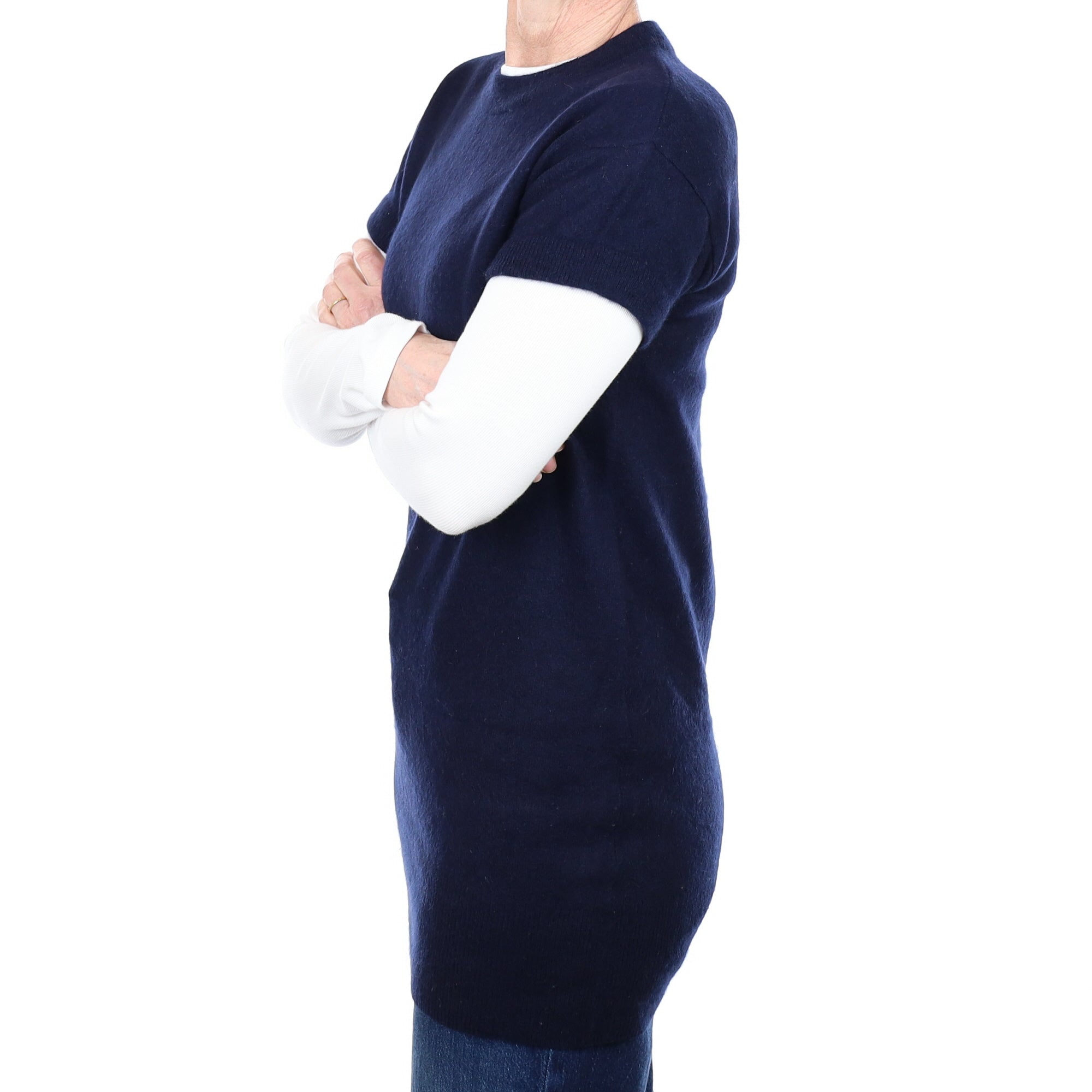 Navy Blue Cashmere Crew Neck Short Sleeved Jumper Small