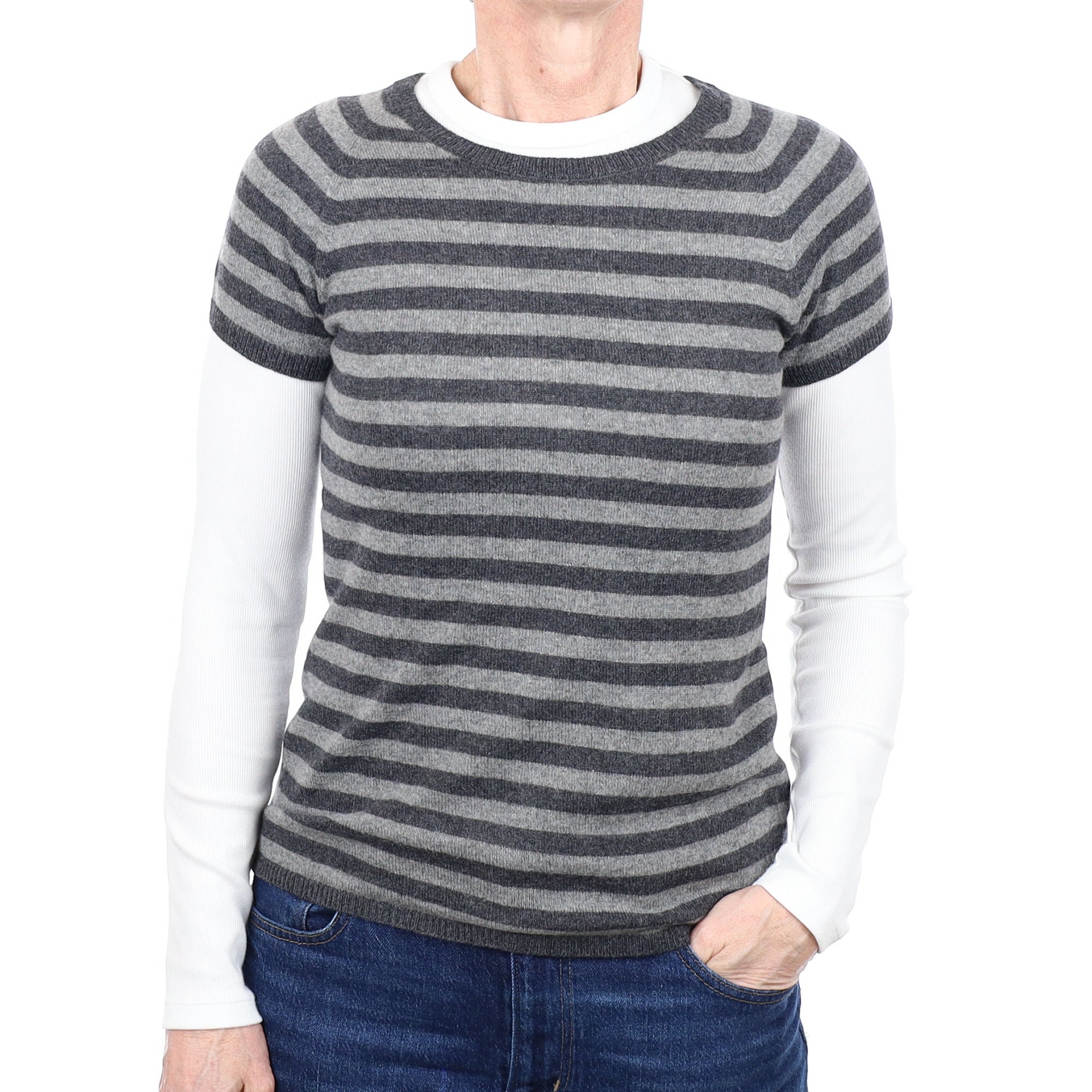 Grey Striped Cashmere Short Sleeved Crew Neck Jumper Small