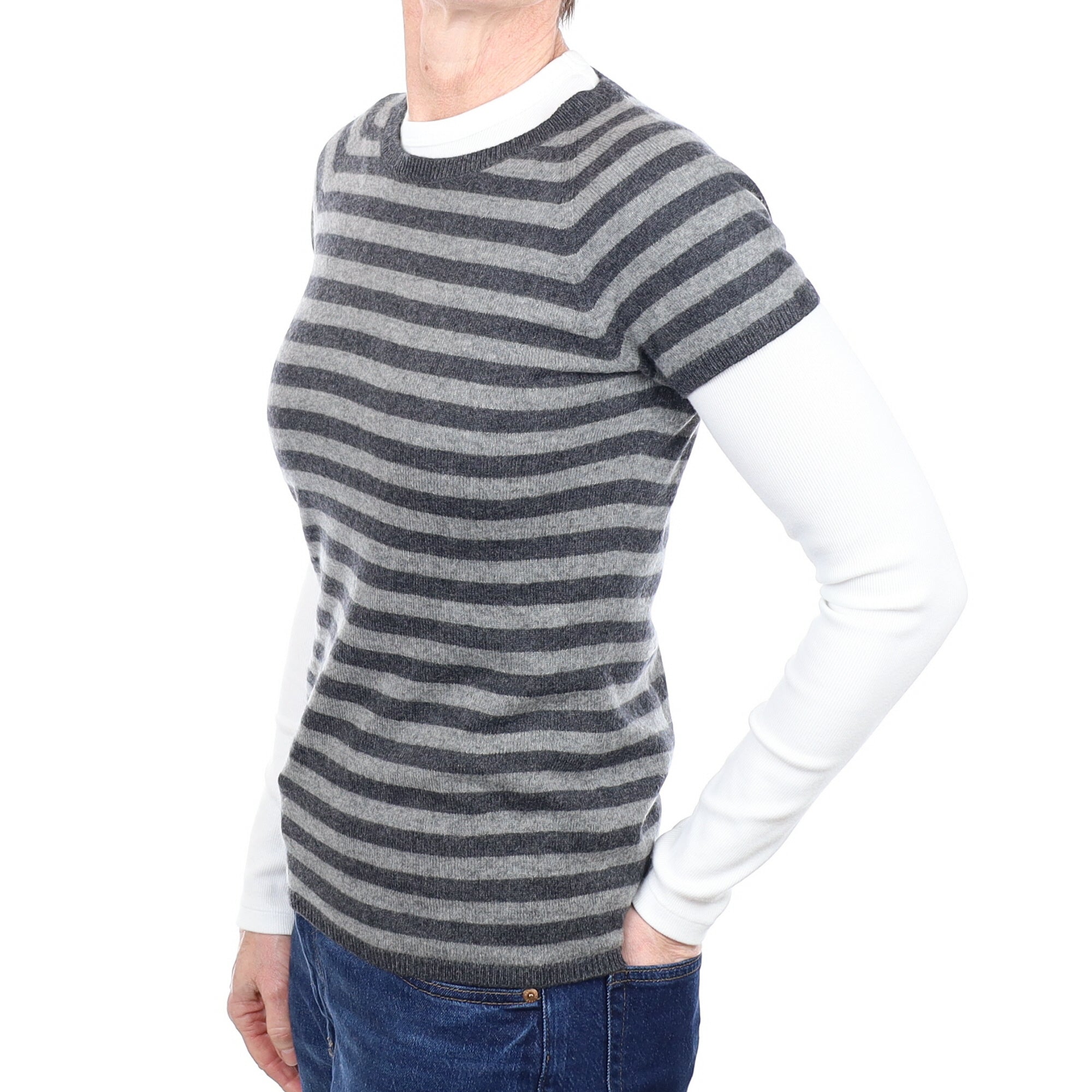 Grey Striped Cashmere Short Sleeved Crew Neck Jumper Small