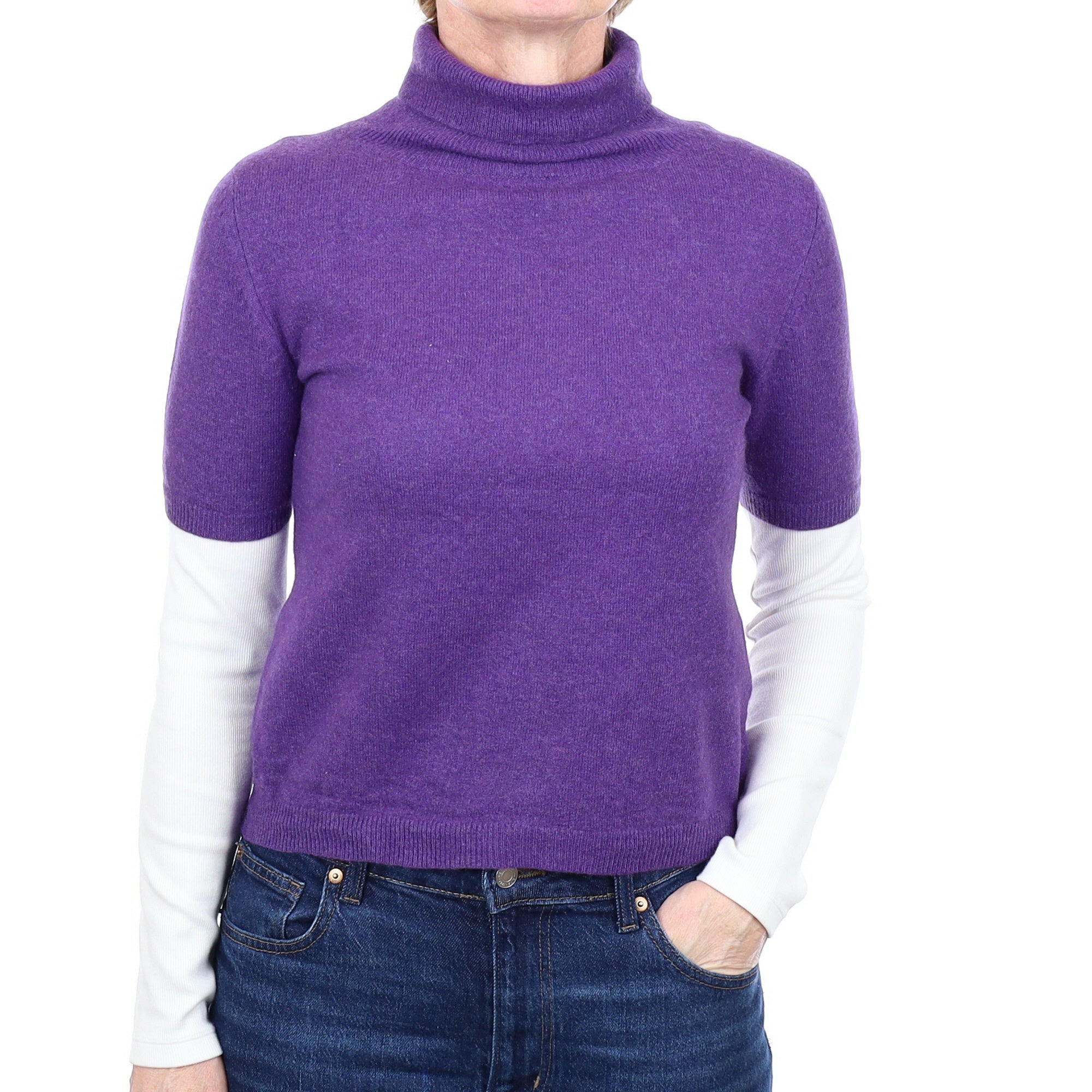 Pansy Purple Cashmere Polo Neck Short Sleeved Jumper Small