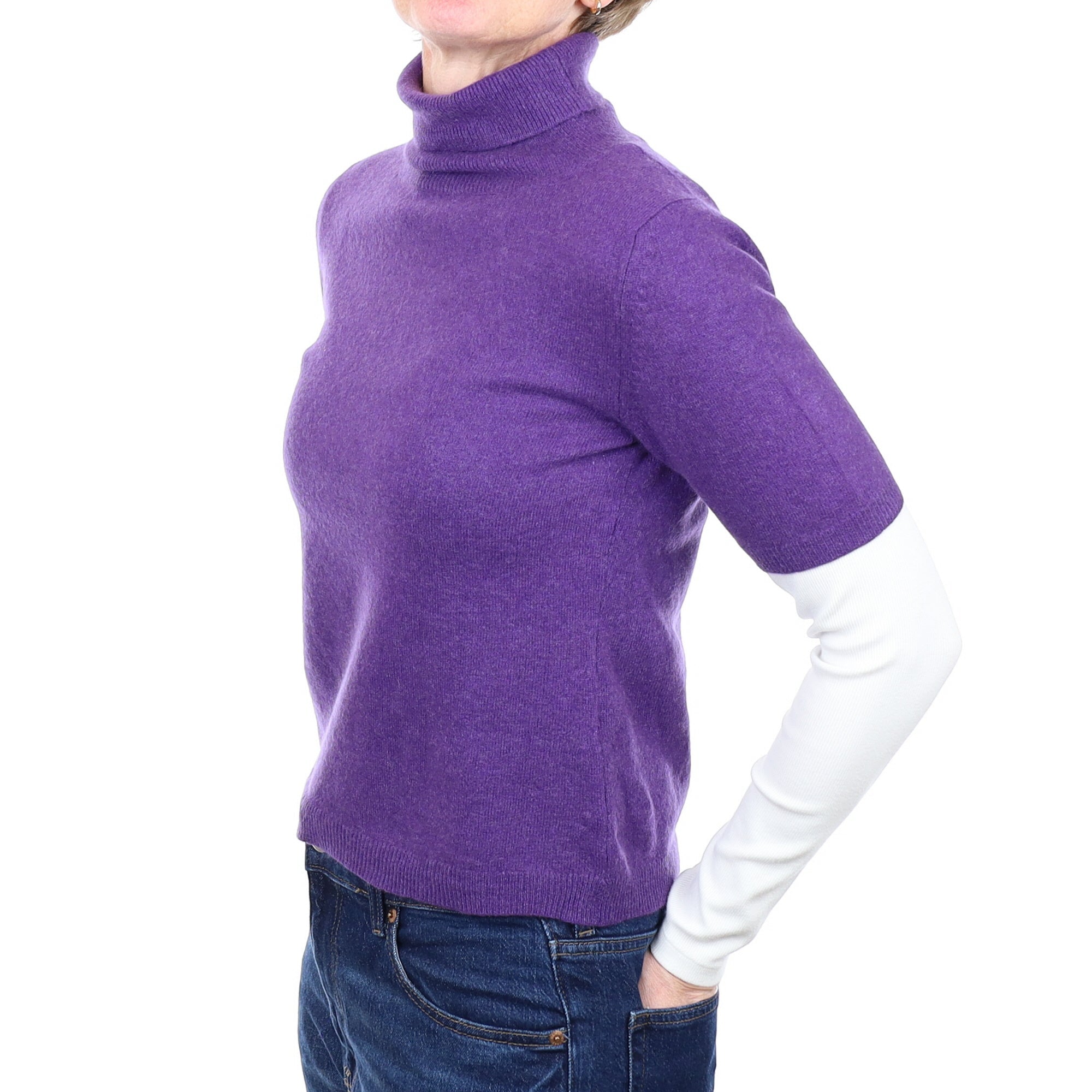 Pansy Purple Cashmere Polo Neck Short Sleeved Jumper Small