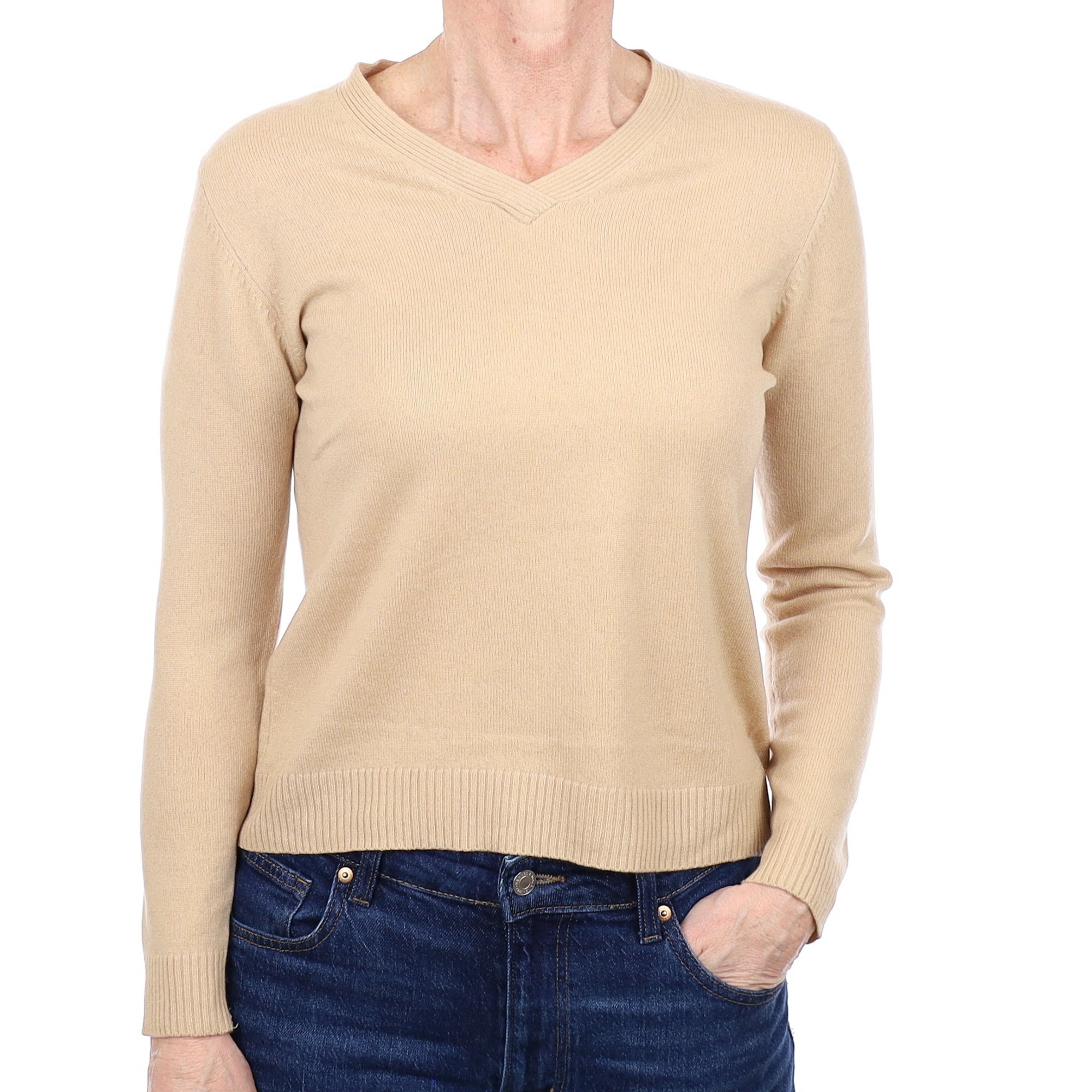 Beige Cashmere V Neck Jumper Small