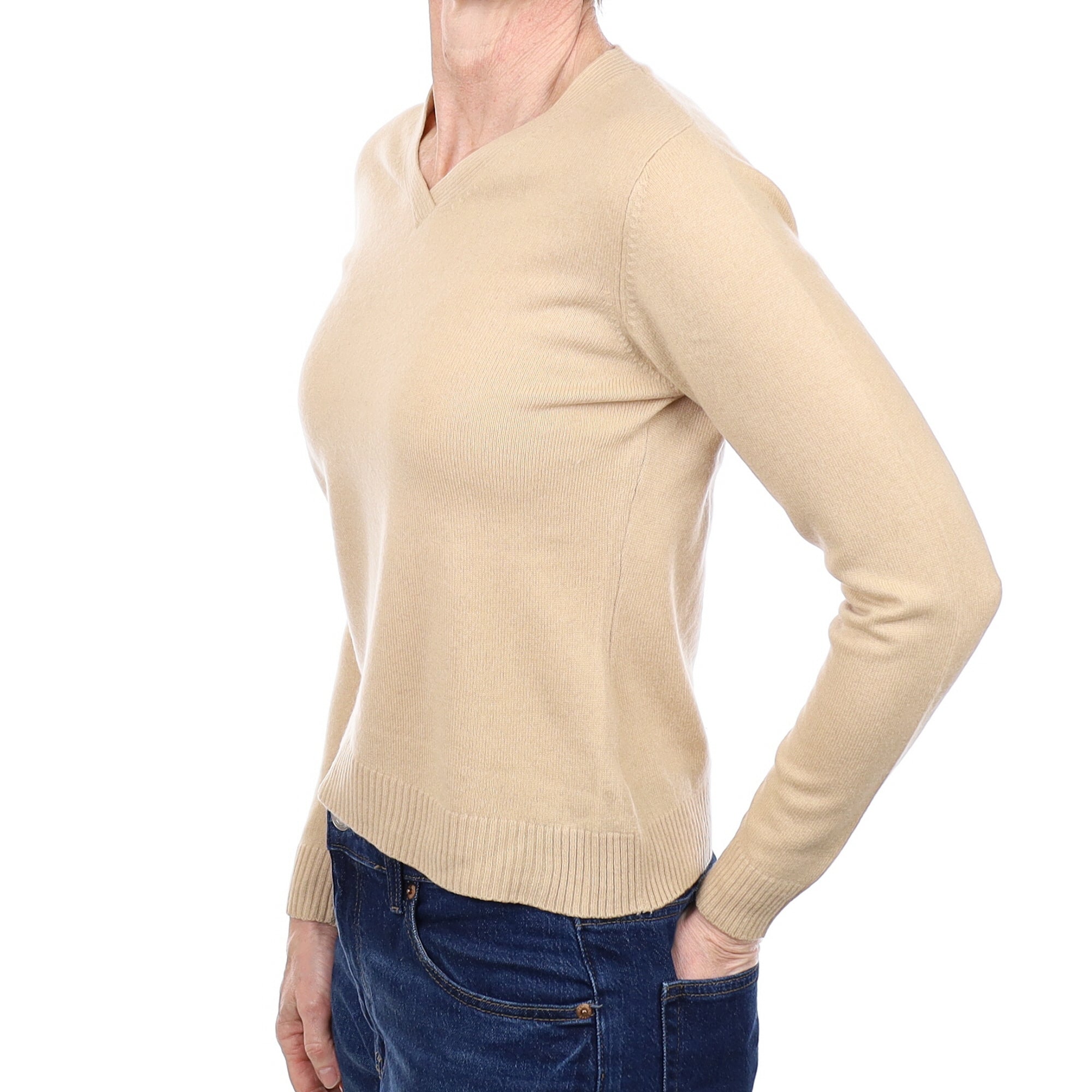Beige Cashmere V Neck Jumper Small