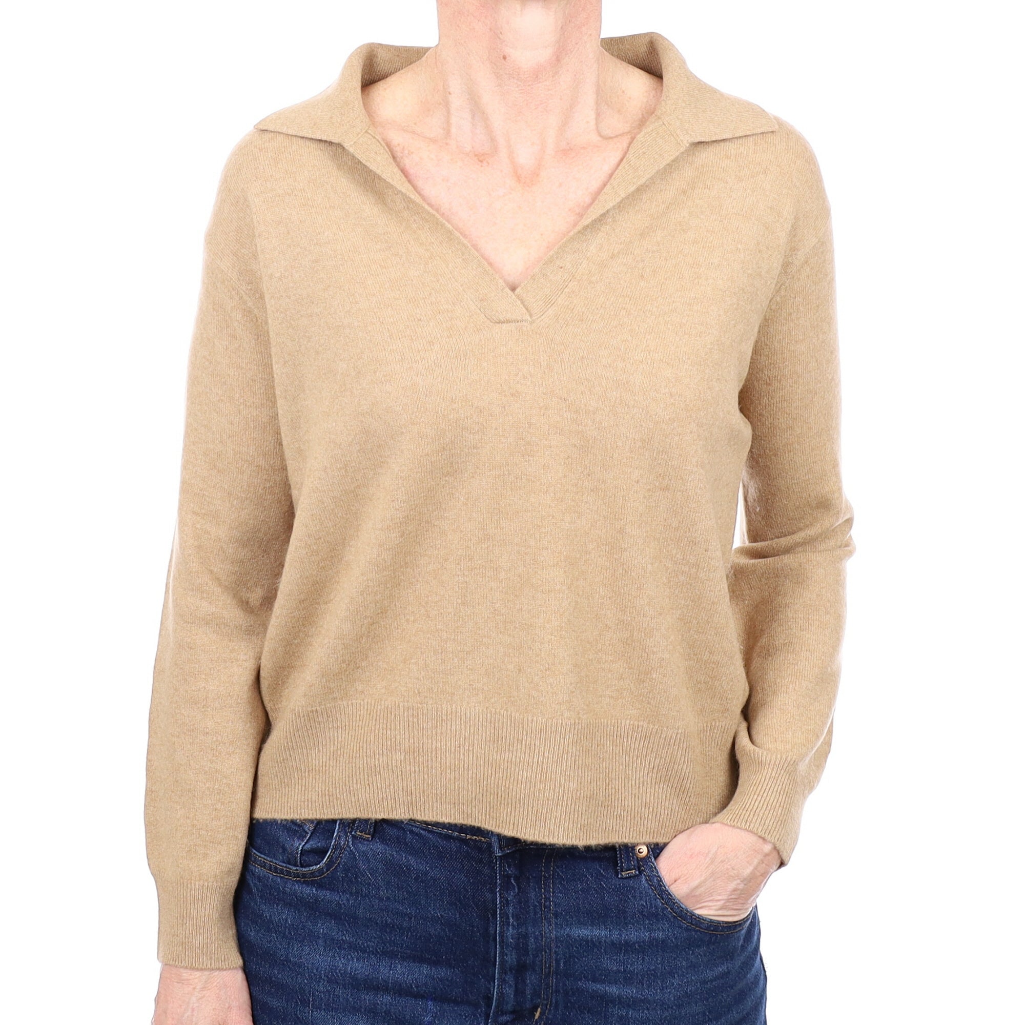 Caramel Brown Cashmere Collared V Neck Jumper Small