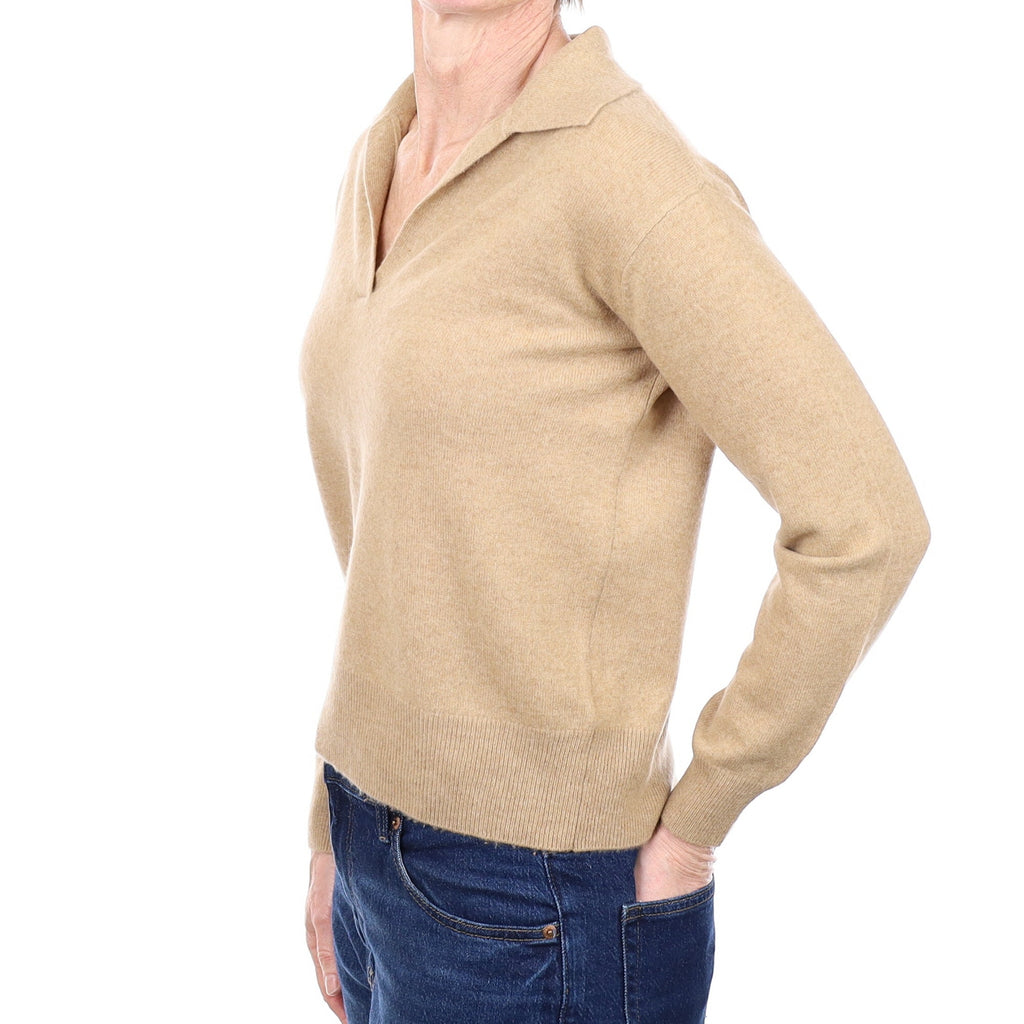 Caramel Brown Cashmere Collared V Neck Jumper Small