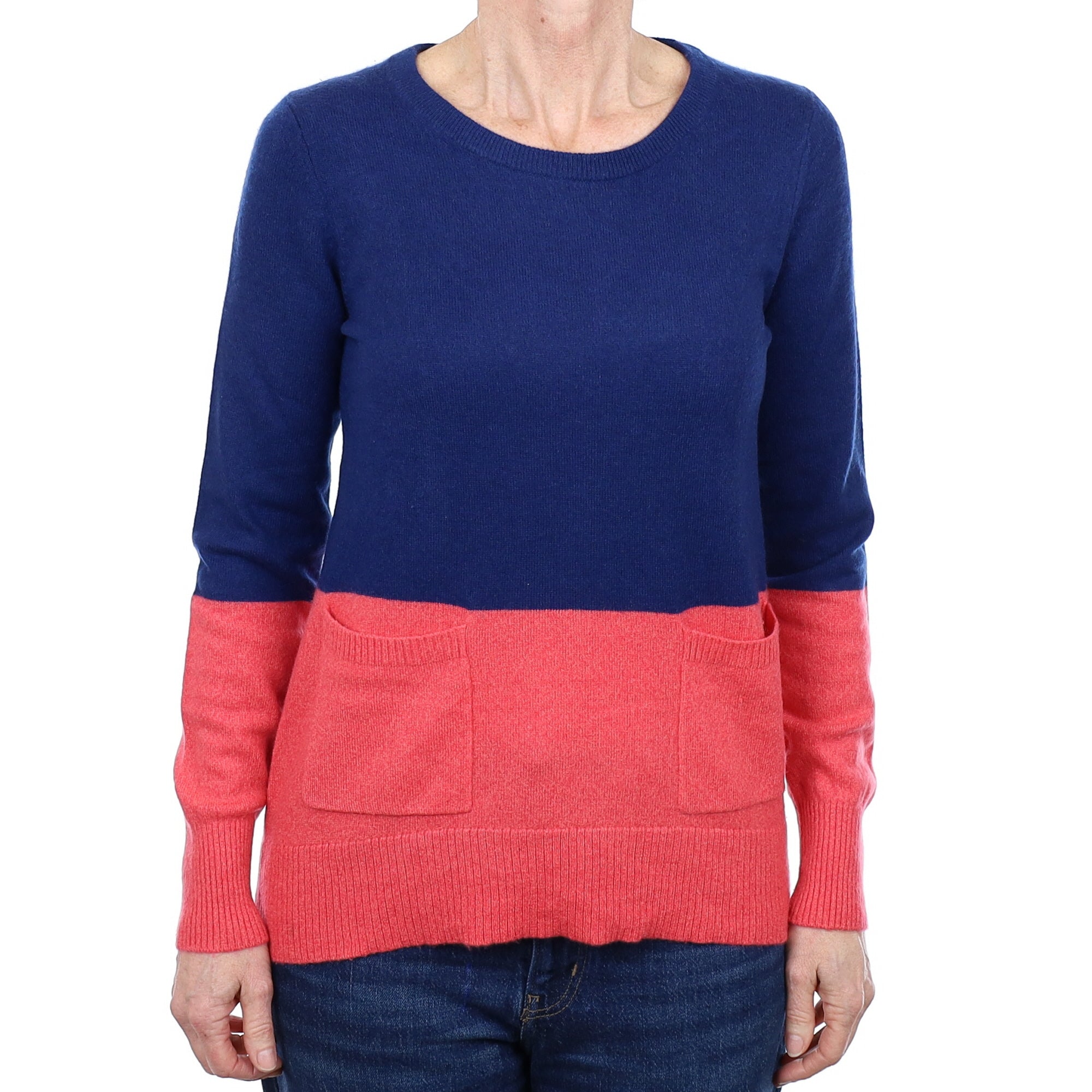 Navy Blue and Pink Cashmere Crew Neck Jumper Small