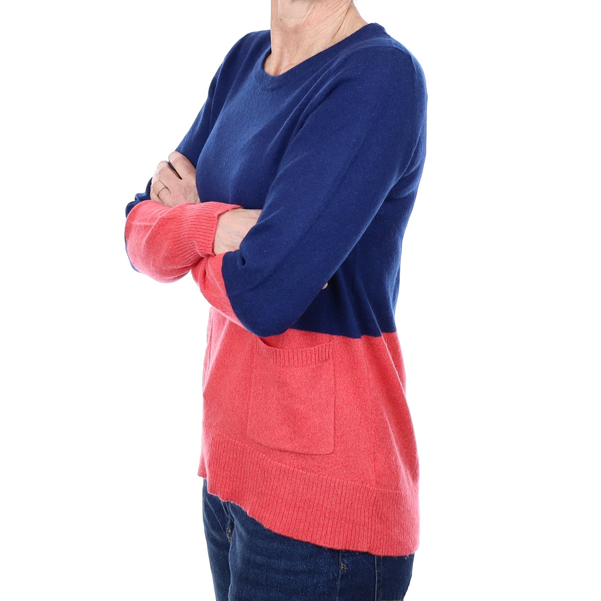 Navy Blue and Pink Cashmere Crew Neck Jumper Small