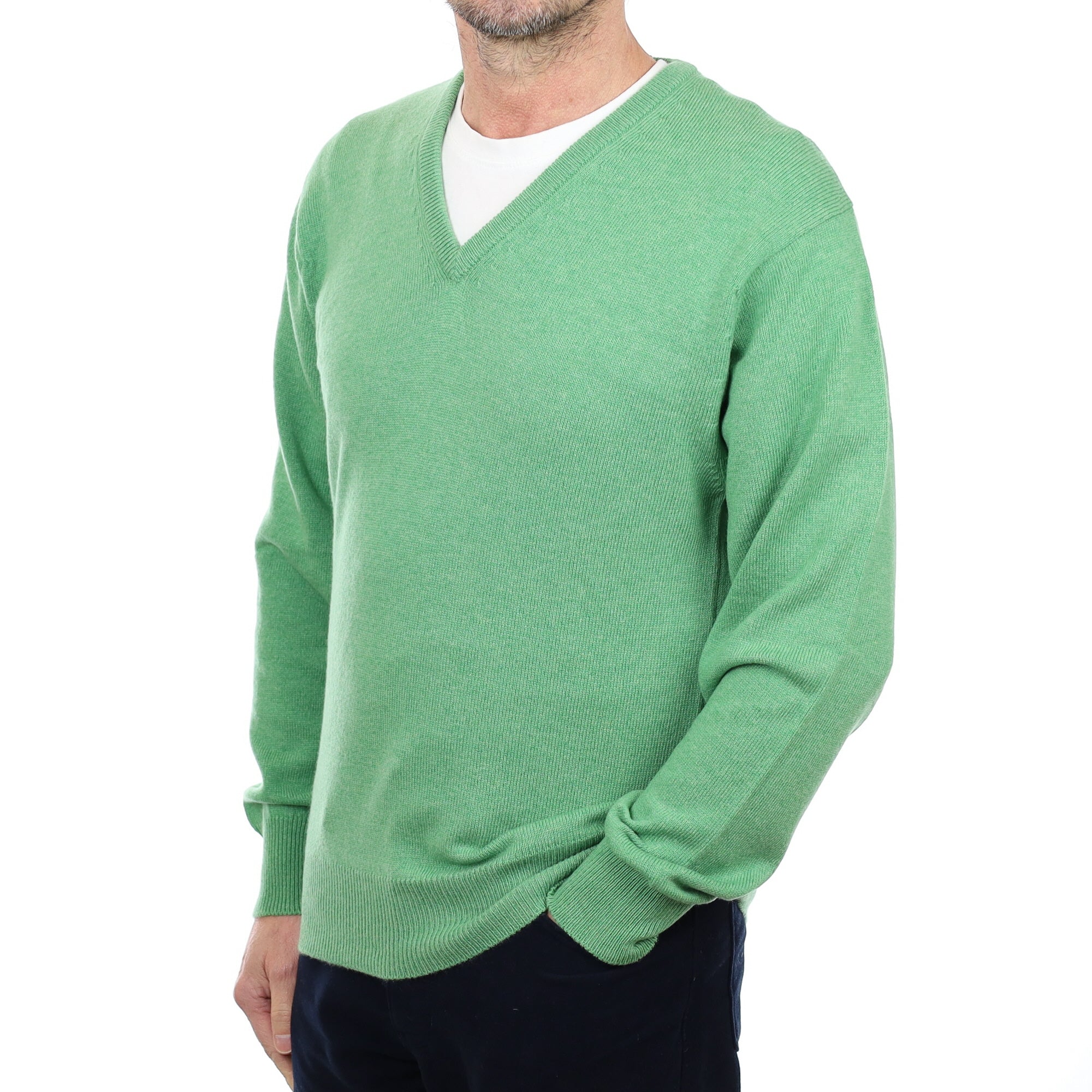 Men's Brand New Scottish Jade Green Cashmere V Neck Jumper Small