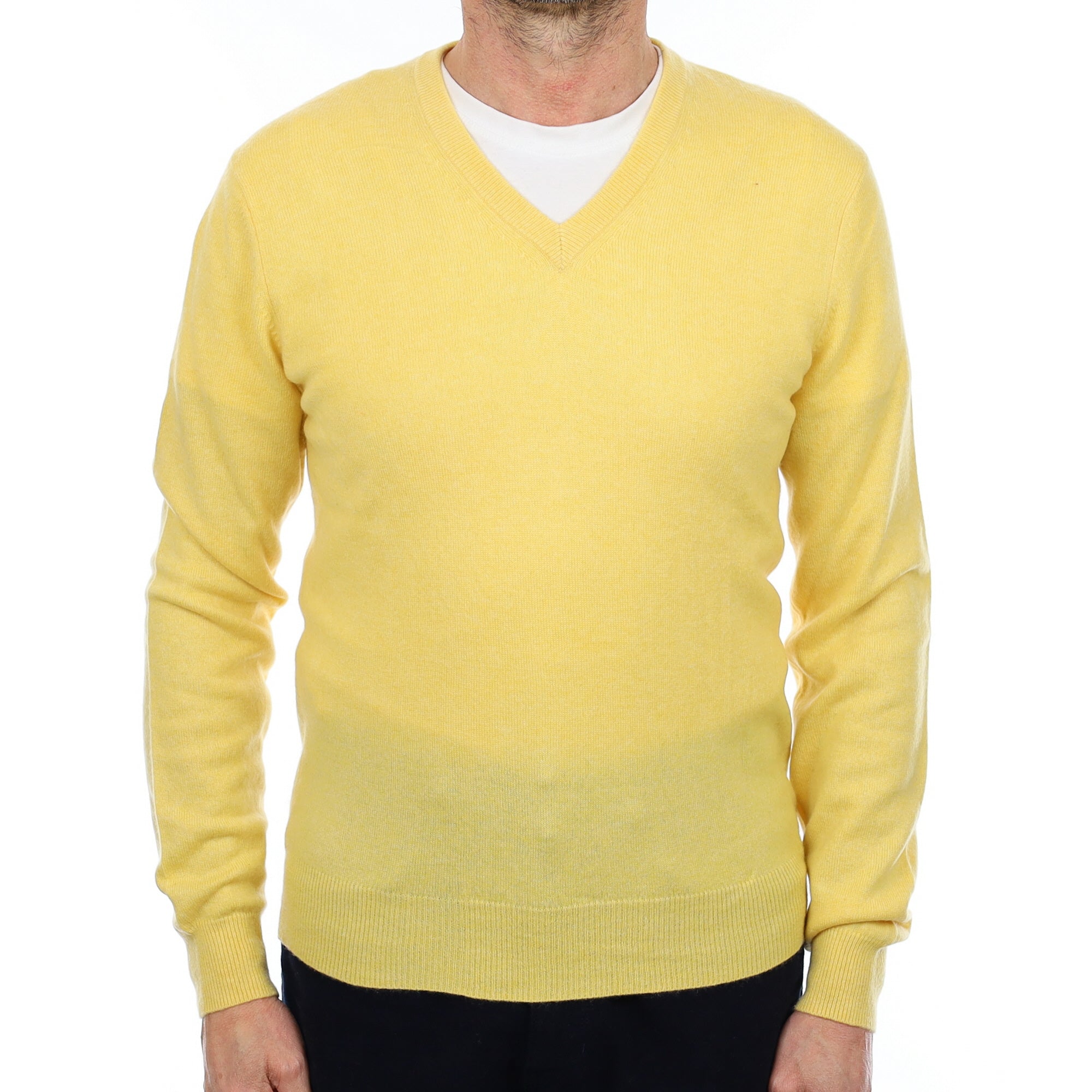 Men's Primrose Yellow Cashmere V Neck Jumper Small