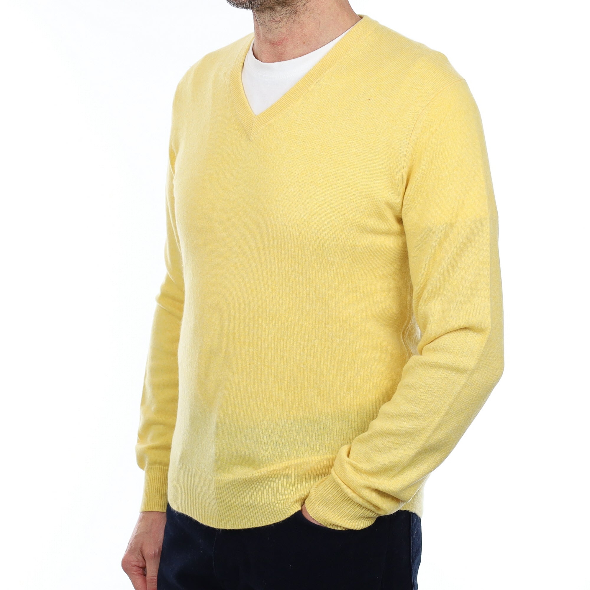 Men's Primrose Yellow Cashmere V Neck Jumper Small