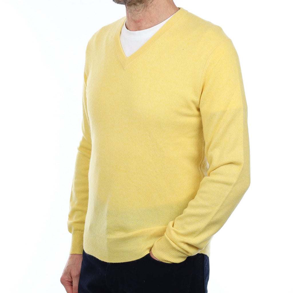 Men's Primrose Yellow Cashmere V Neck Jumper Small