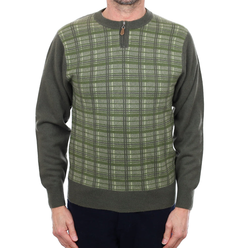 Men's Army Green Checked Cashmere Zip Up Crew Neck Jumper Small
