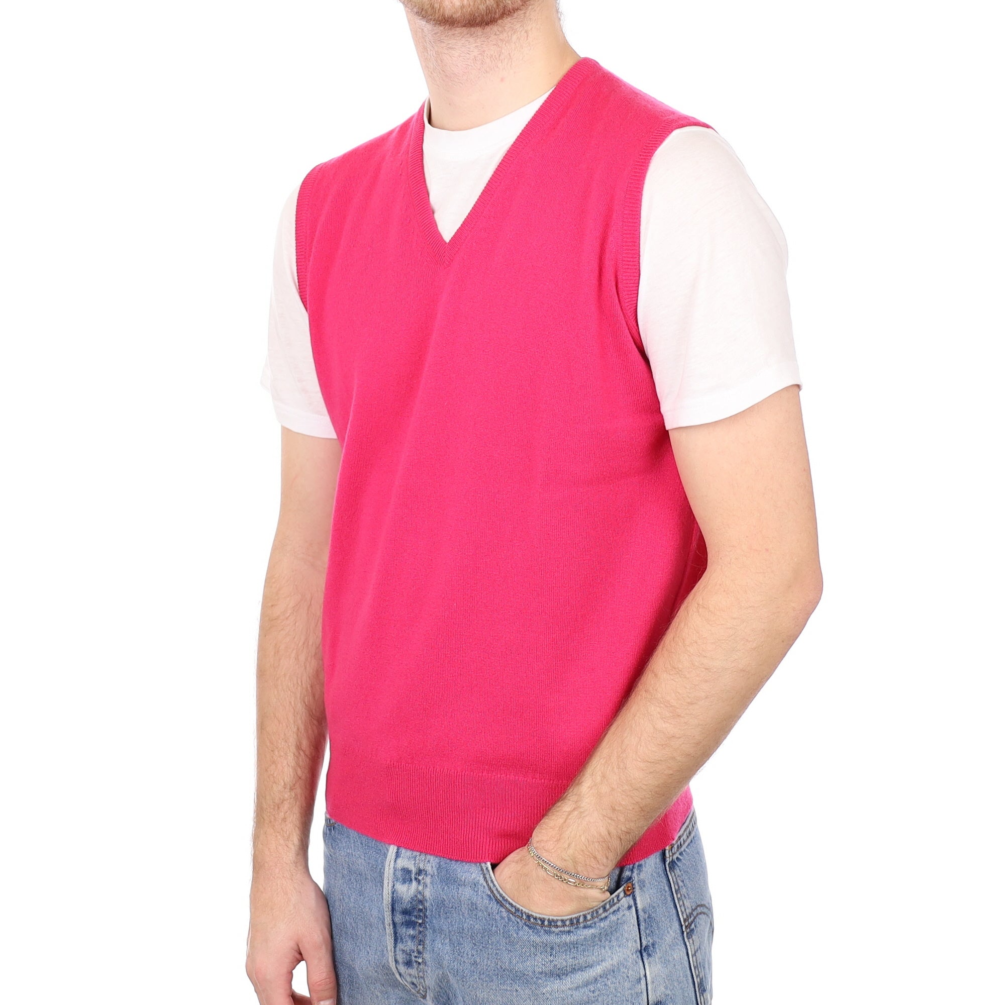 Men's Brand New Scottish Hot Pink Cashmere V Neck Tank Top Medium