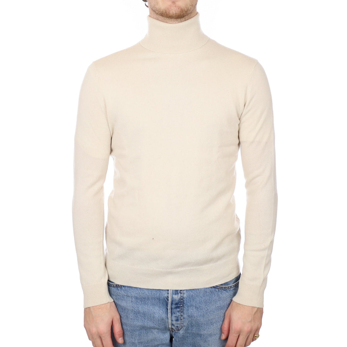 Men's Vanilla Cream Cashmere Polo Neck Jumper Medium