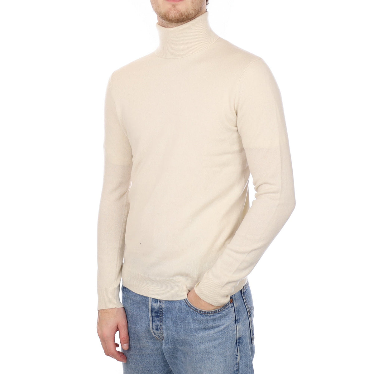 Men's Vanilla Cream Cashmere Polo Neck Jumper Medium