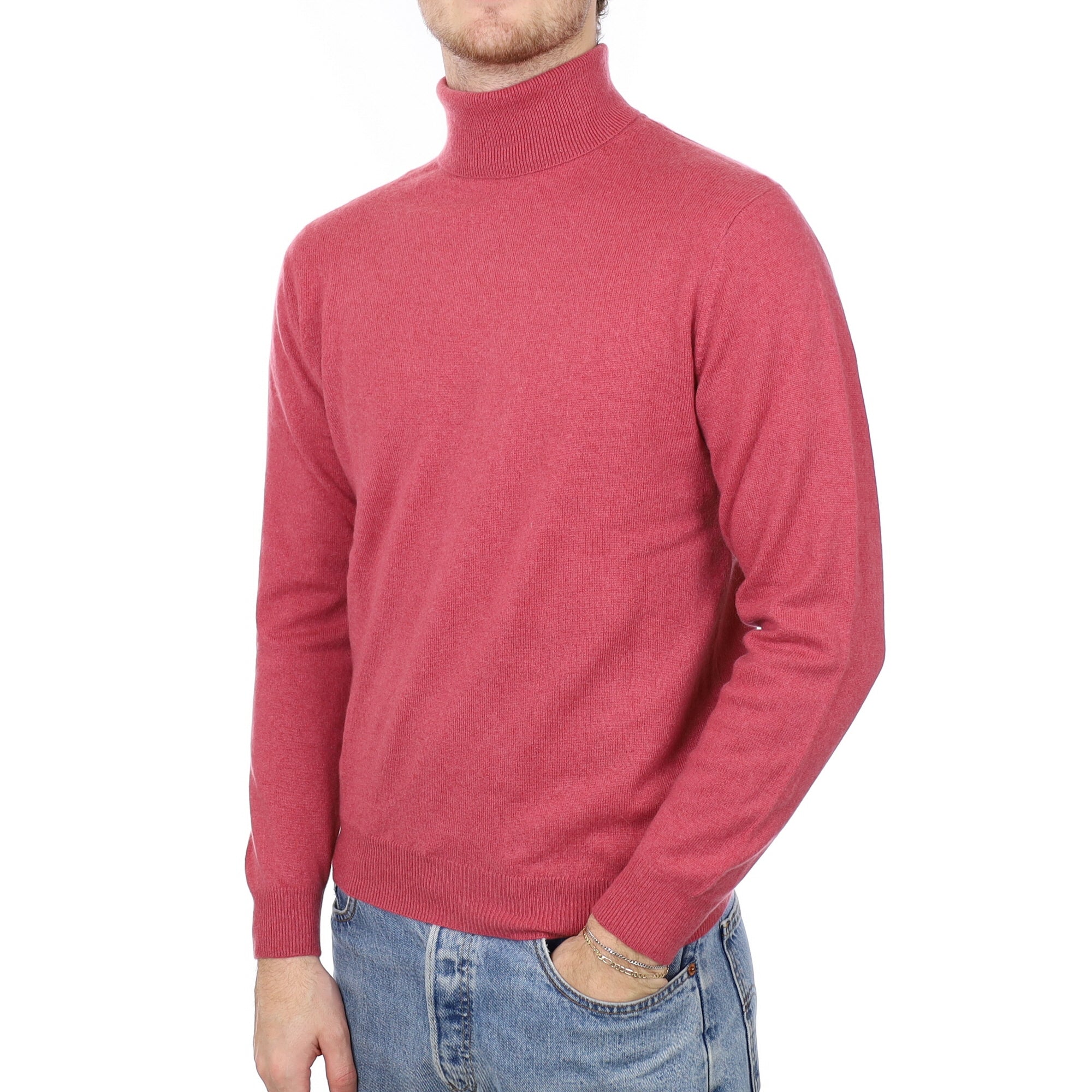 Men's Raspberry Pink Cashmere Polo Neck Jumper Medium